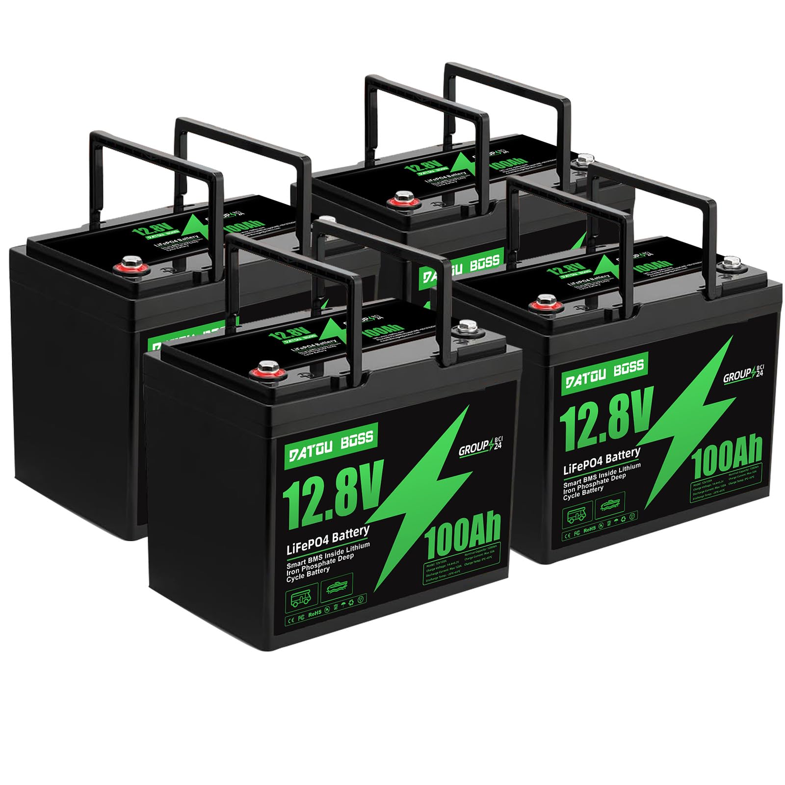DATOUBOSS 12V 100Ah LiFePO4 Battery, 1280Wh 12V 100Ah Lithium Battery Built-in 100A BMS, 15000+ Deep Cycle for RV, Solar, Trolling Motor & Camping (12V100Ah-Group 24-4pcs)