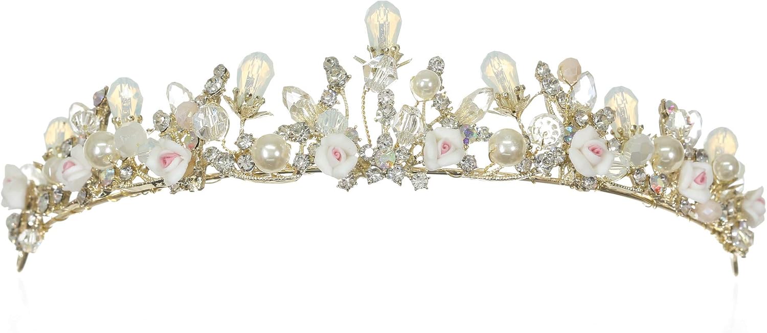 SAMKY Handmade Faux Pearl Crystal Flower Flower Bridal Tiara Crown