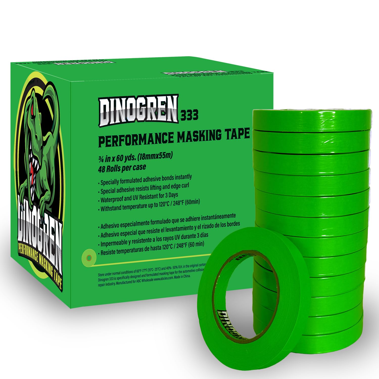 LAUCO DINOGREN High Performance Masking Tape for Car Paint, Heat & Water Resistant, Multi-Purpose Green (0.75 in (48 Rolls))