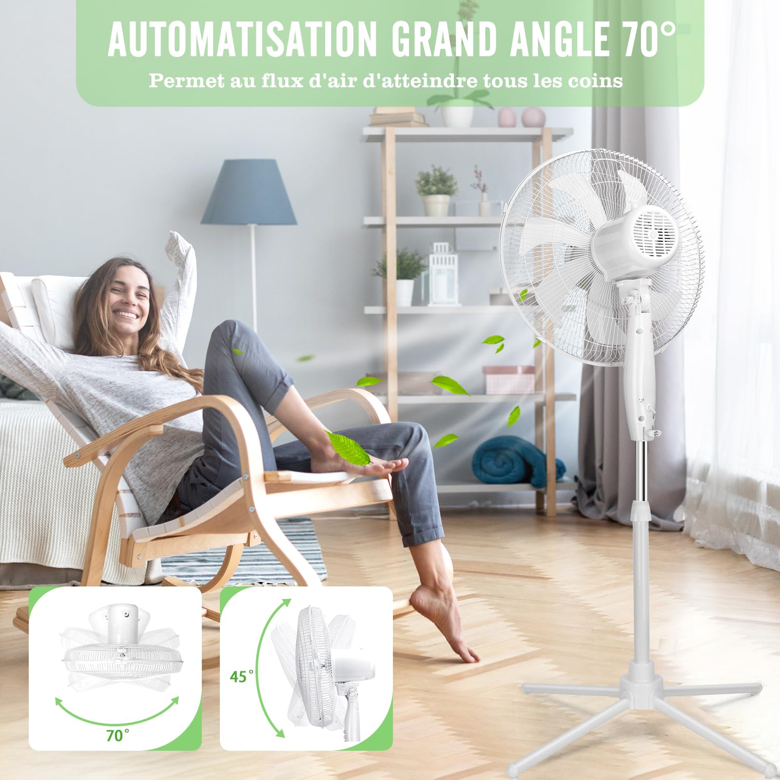 Aigostar Ventilateur sur Pied, 3 Vitesses, 7 Pales, Oscillation 75°, Stable et Silencieux, Hauteur réglable 108-125cm, 50W, Blanc - Erika