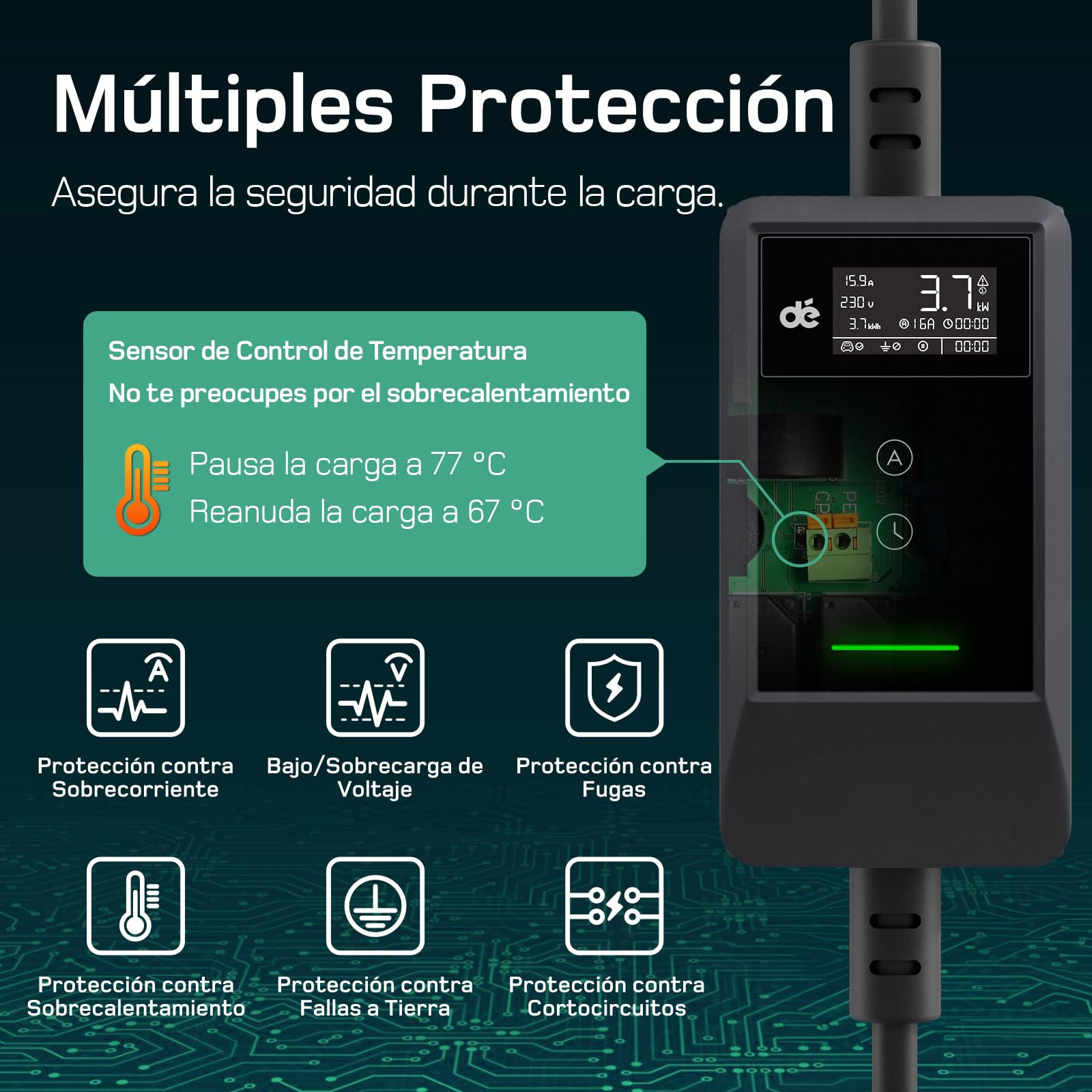 dé Cargador Coche Electrico 3,7kW[10m, 6/8/10/13/16A] Cargador Vehiculo Electrico Portátil, Controlable para Model Y/3, GLC, A250, GLA y Otros EV/PHEV