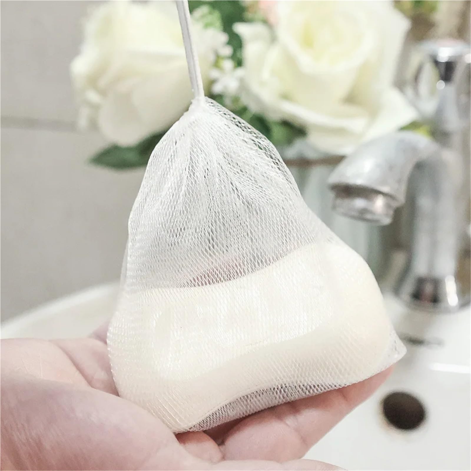 Borsa in rete for sapone schiumogeno in e corda in PE