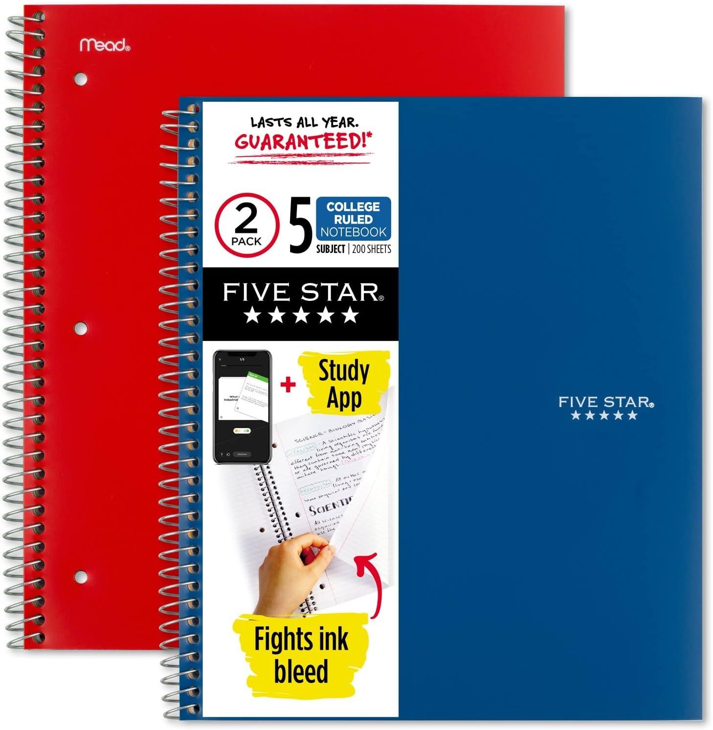 Spiral Notebooks + Study App, 2 Pack, 5 Subject, College Ruled Paper, 200 Sheets, 21.6 cm x 27.9 cm, Pacific Blue & Fire Red (38459)