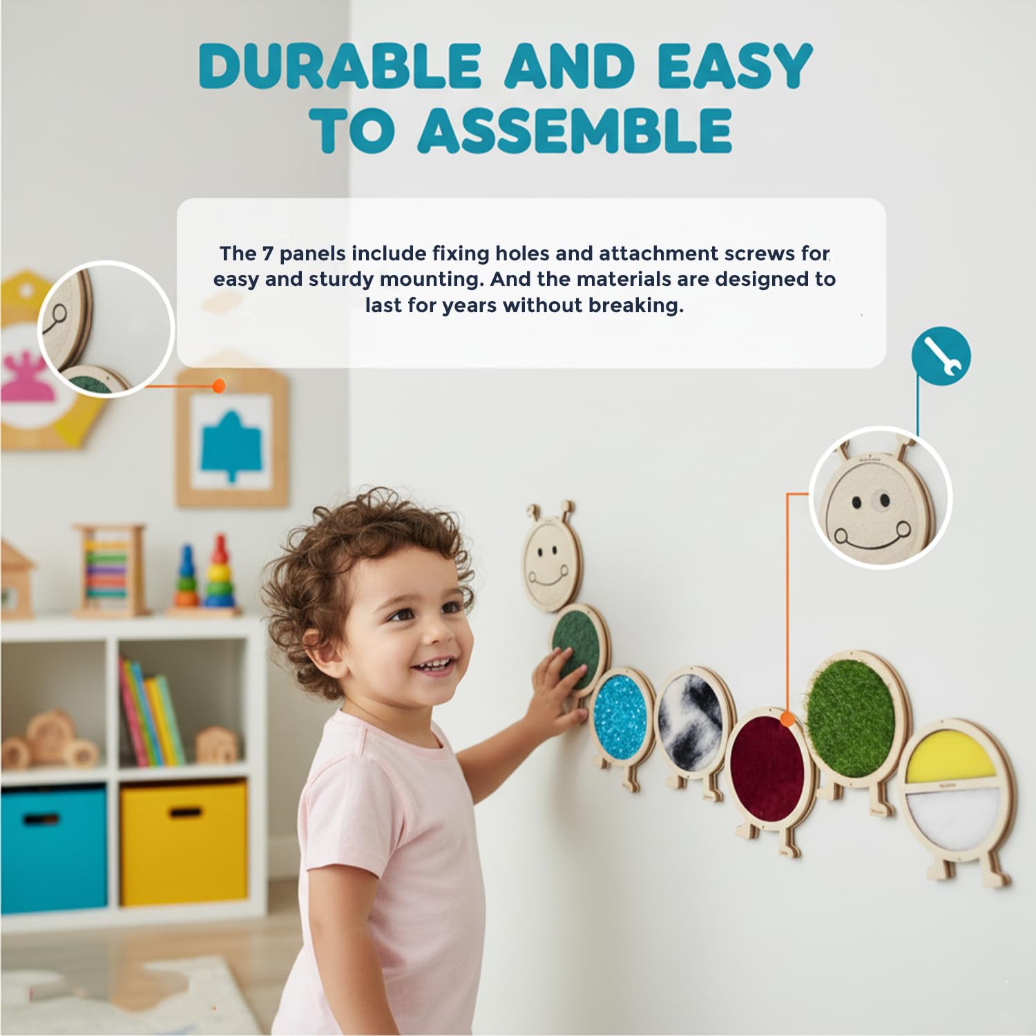 The Funny Mind Caterpillar Woolly Sensory Wall for Kids and Toddlers with 7 Different Fabrics and Material (Rough, Prickly, Sparkly, Furry, Softy, Grassy, and Squishy) - 72 Inch 2