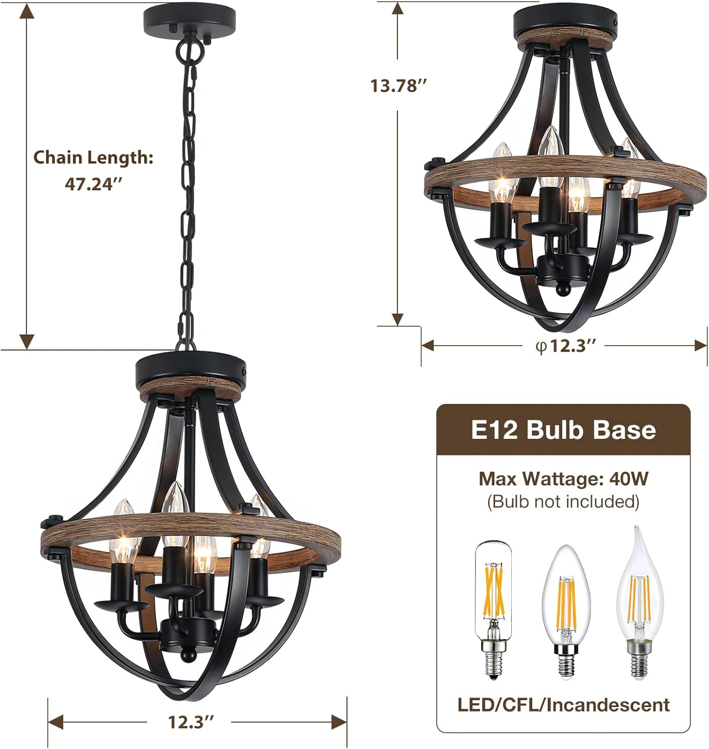 Farmhouse Chandelier for Dining Room,4-Light Rustic Wood Chandelier Entryway Hanging Ceiling Light,Industrial Black Pendant Light for Kitchen Island Entrance Foyer Bedroom Living Room Hallway