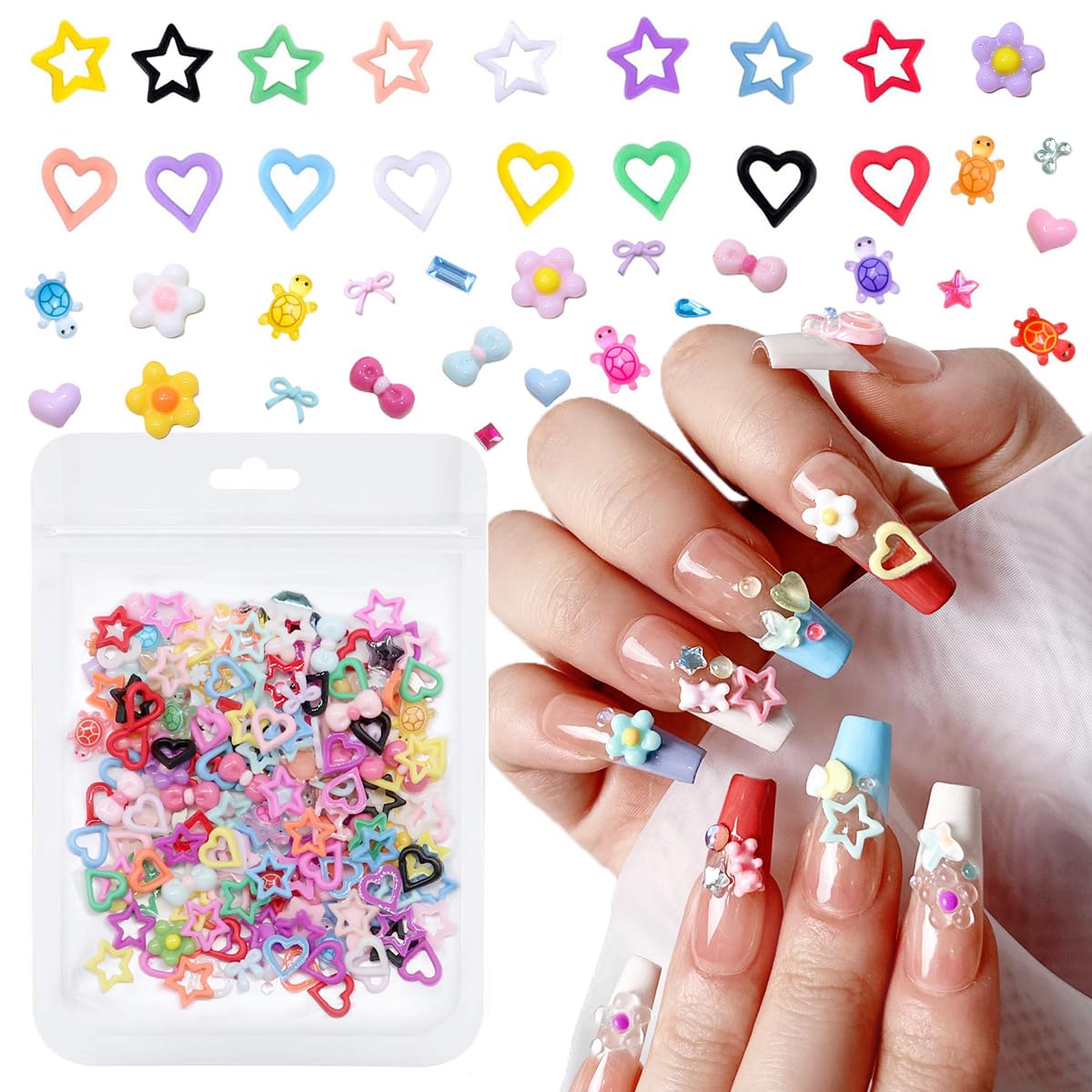 Kawaii Nail Charms, 200+PCS Heart Stars Colorful Resin Nails Art Charm Cute Gems Y2k Design for Women Girl Manicure DlY Crafts Supplies