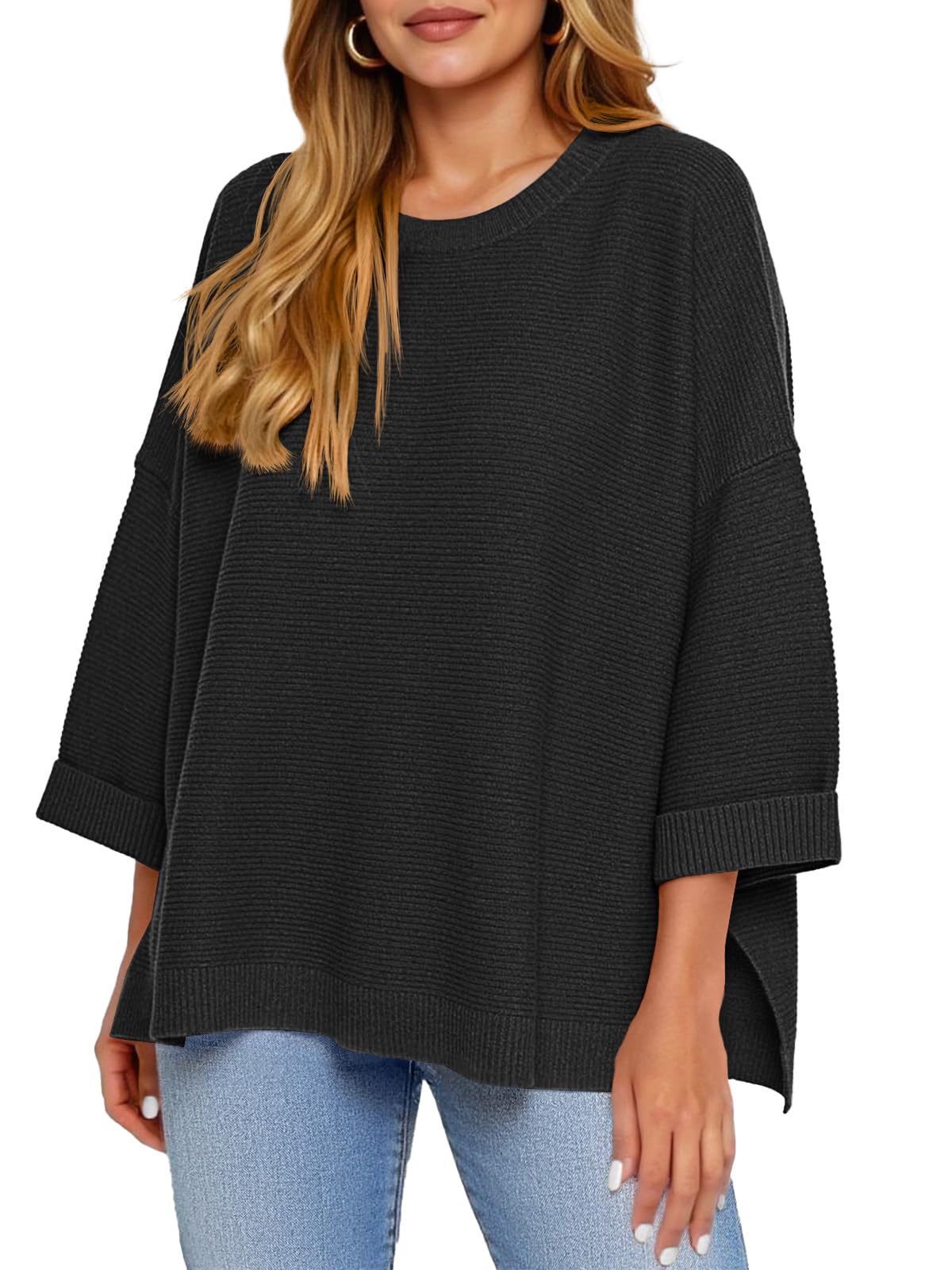 Tankaneo Womens Oversized Sweaters Casual 3 4 Long Sleeve Crewneck Ribbed Knit Split Tunics Fall Loose Pullover Tops