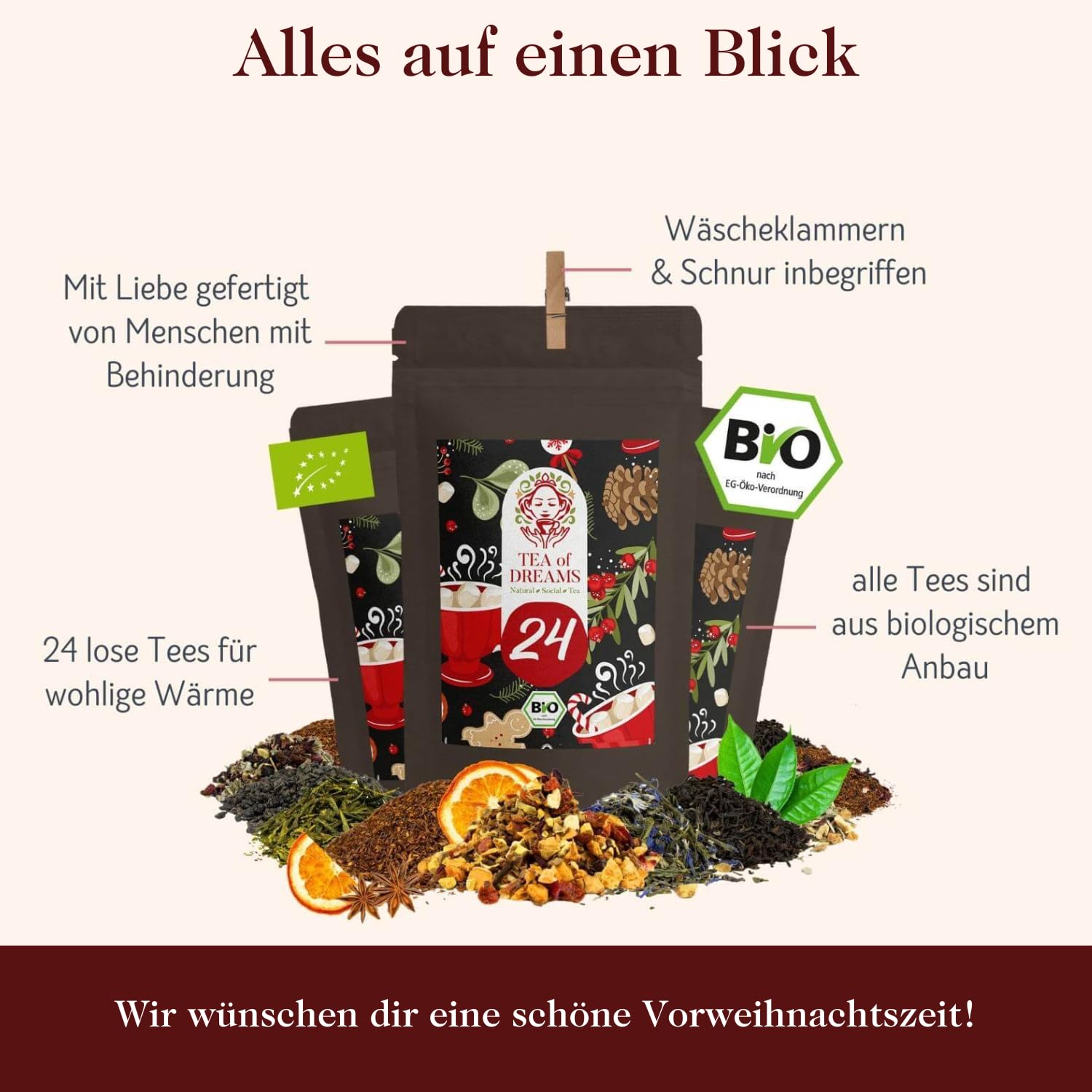 Tee Adventskalender 2026 Bio - Geschenk für Frauen und Männer - Mit Liebe gefertigt von Menschen mit Behinderung - 24 x 10g Weihnachtskalender