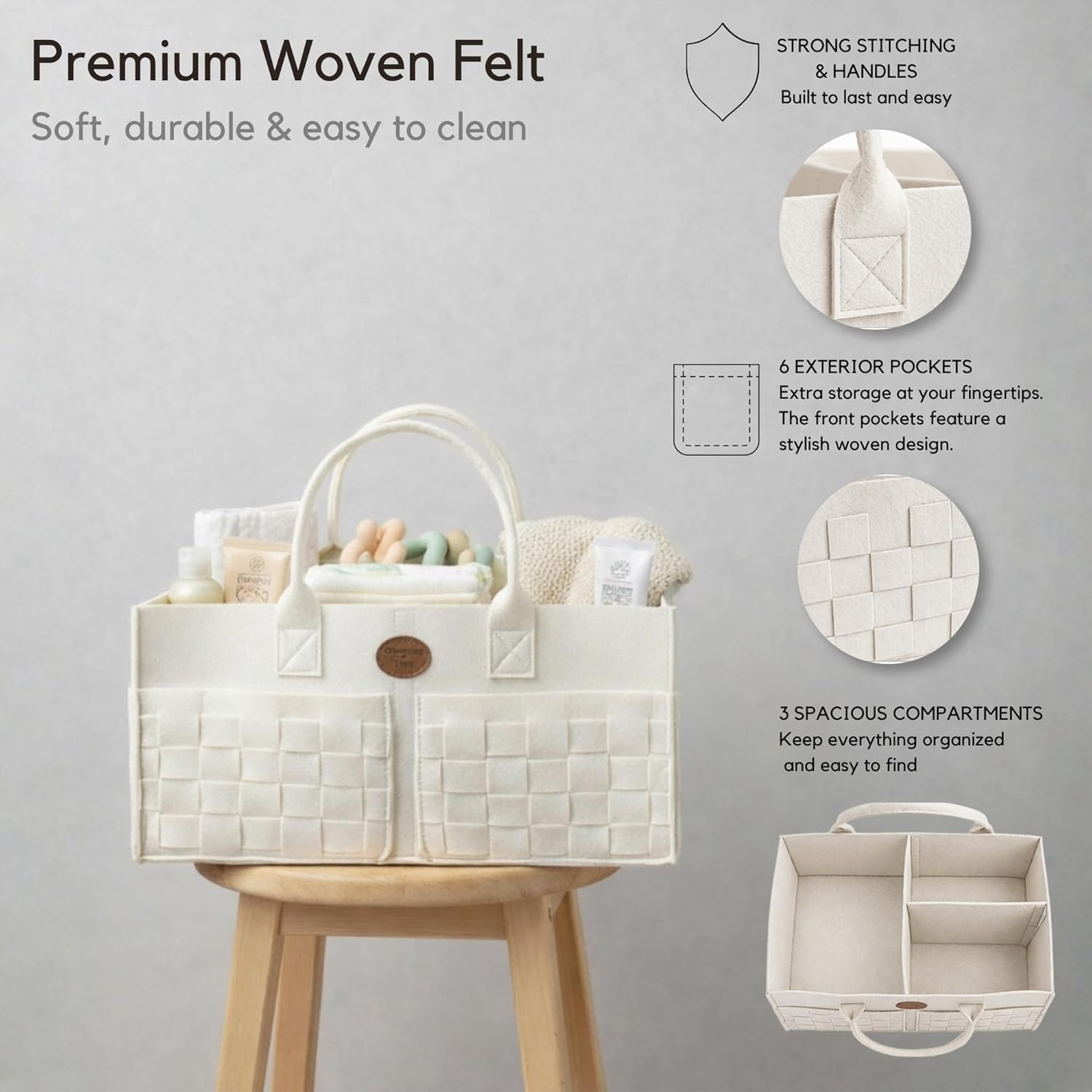 Baby Diaper Caddy Organizer for Nursery – Large Felt Storage Basket for Baby Essentials, Wipes & Diapers – Portable Nursery Organizer Bin for Changing Table or Living Room Winter White