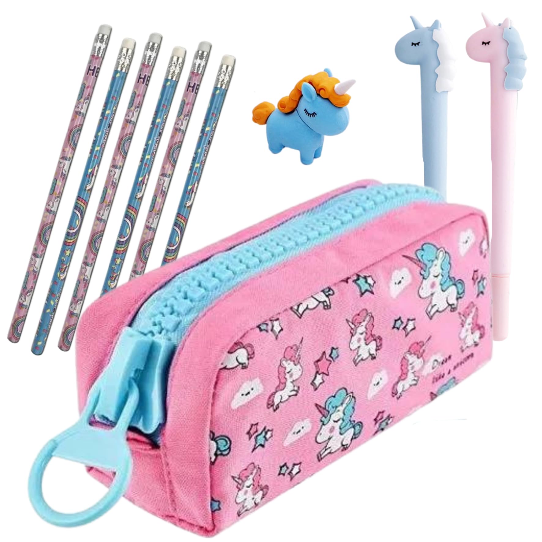 Estuche Escolar Unicornios - Regalo para Niña 6 7 8 9 Años - Set de Papeleria con Lápices, Goma y Bolígrafos - Cremallera Grande y Gran Capacidad - Regalo Original Cumpleaños Unicornio (Rosa)