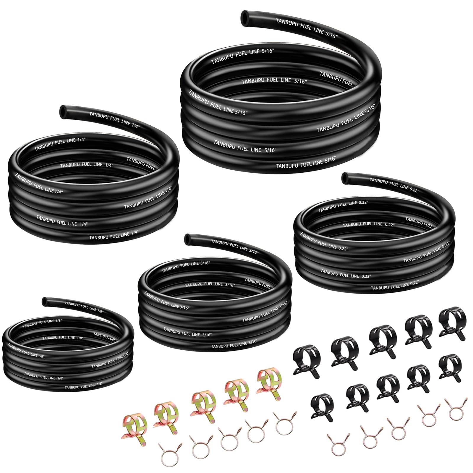 Tanbupu 3.3Ft 5 Sizes-1/8" 3/16" 0.22" 1/4" 5/16" ID Fuel Line with 50Pcs Clamps Gas Tube Hose Compatible with Kawasaki EZGO Snowmobile Tractors Golf Cart ATV Motorcycle Small Engines Lawn Mowers