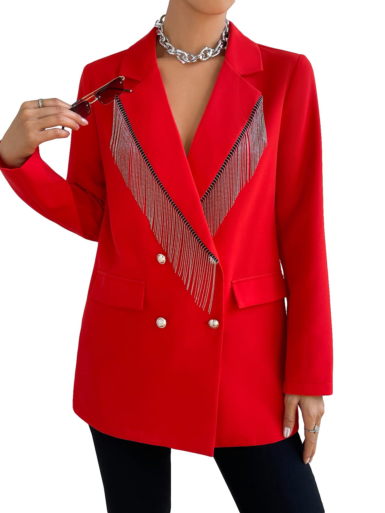 WDIRARA Womens Fringe Trim Double Breasted Long Sleeve Open Front Elegant Blazer Work Office Jacket