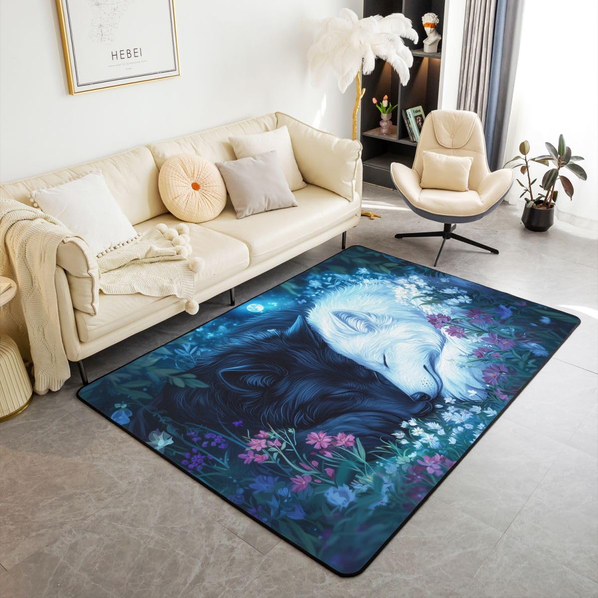 Schwarzer weißer Fuchs Wohnzimmer Teppich 100x150cm Botanisches Blumengrünes Gras Schlafzimmerbereich Teppich für Kinder Teens Wildtiere Indoor Matte Heimdekor