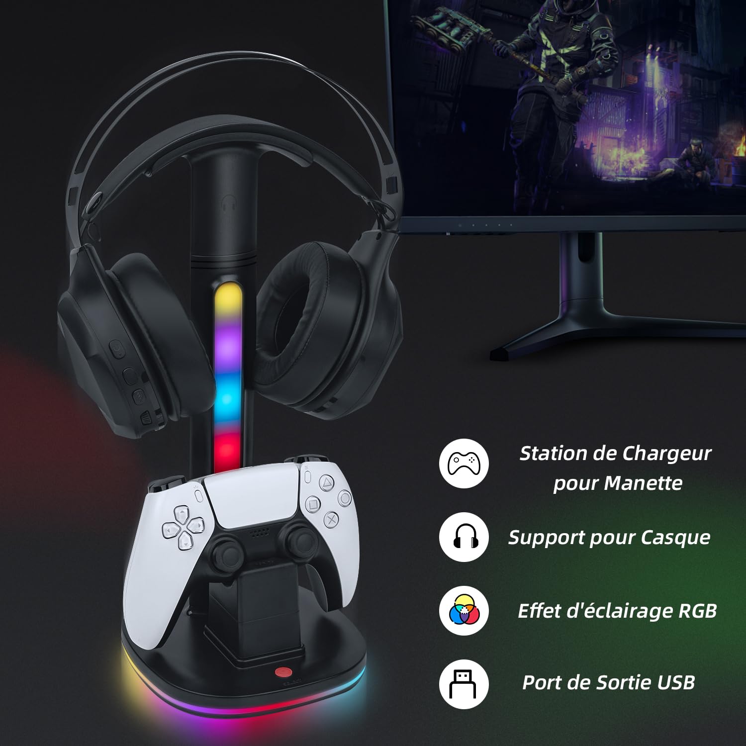 Mcbazel Station de Charge pour Manettes PS5 DualSense, Support pour Casques sans Fil, avec Éclairage RGB Polyvalent, Compatible avec la Console PS5