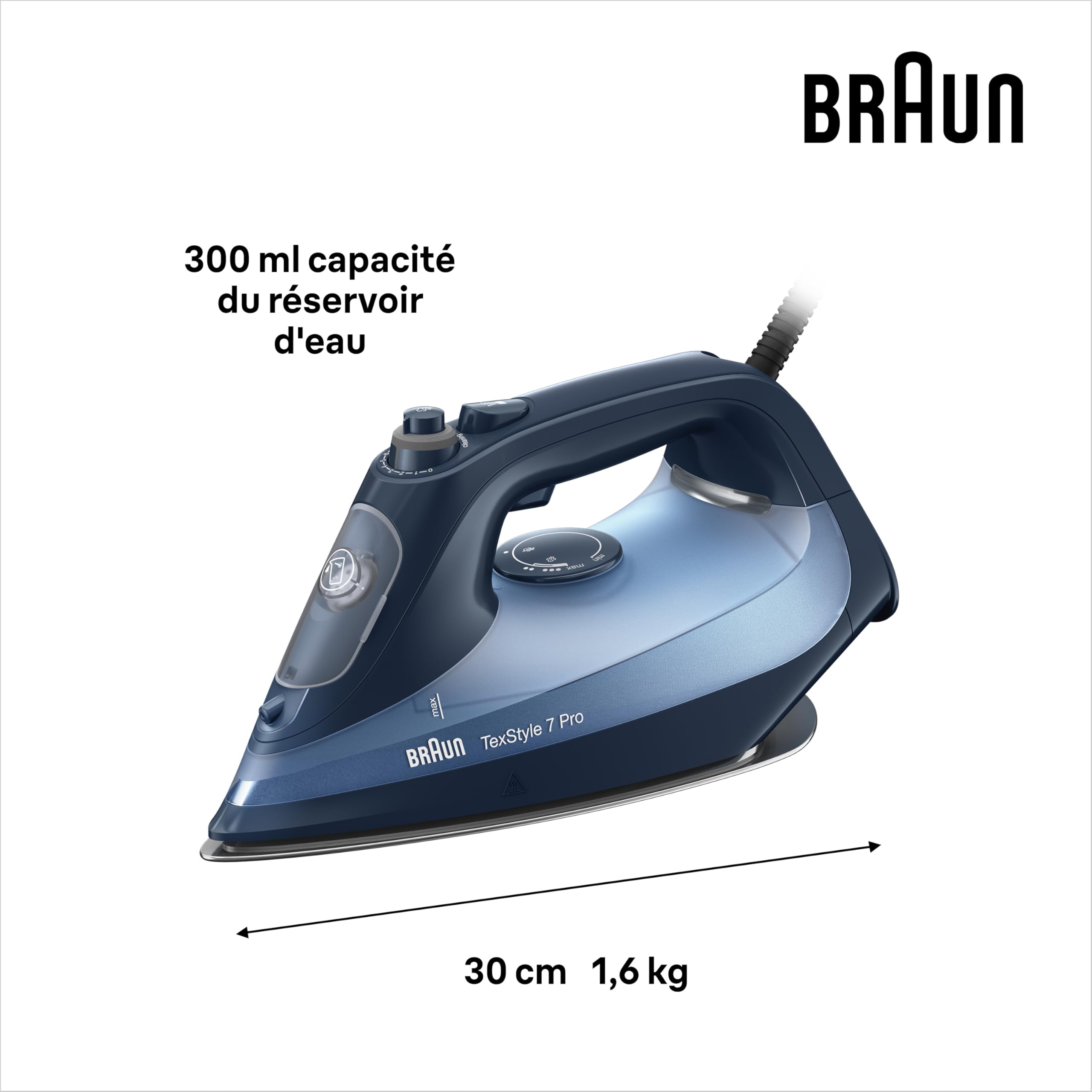 Braun TexStyle 7 Pro SI7160BL, Fer à Vapeur Débit 225g/min, Technologie FreeGlide 3D, Semelle EloxalPlus avec Pointe Précise, Fer à Vapeur Vertical, Capacité d'Eau de 300ml, 3100W, Bleu
