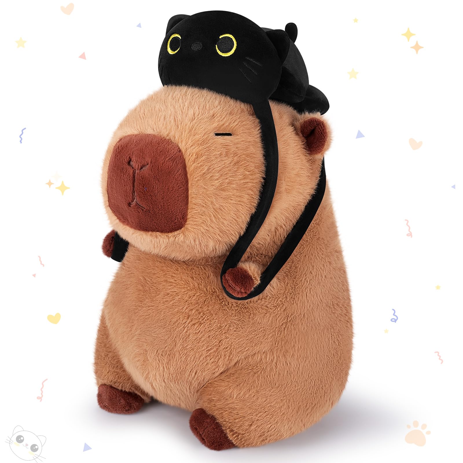 Achwishap 14” Brown Capybara Stuffed Animals & Black Cat Backpack Plushies