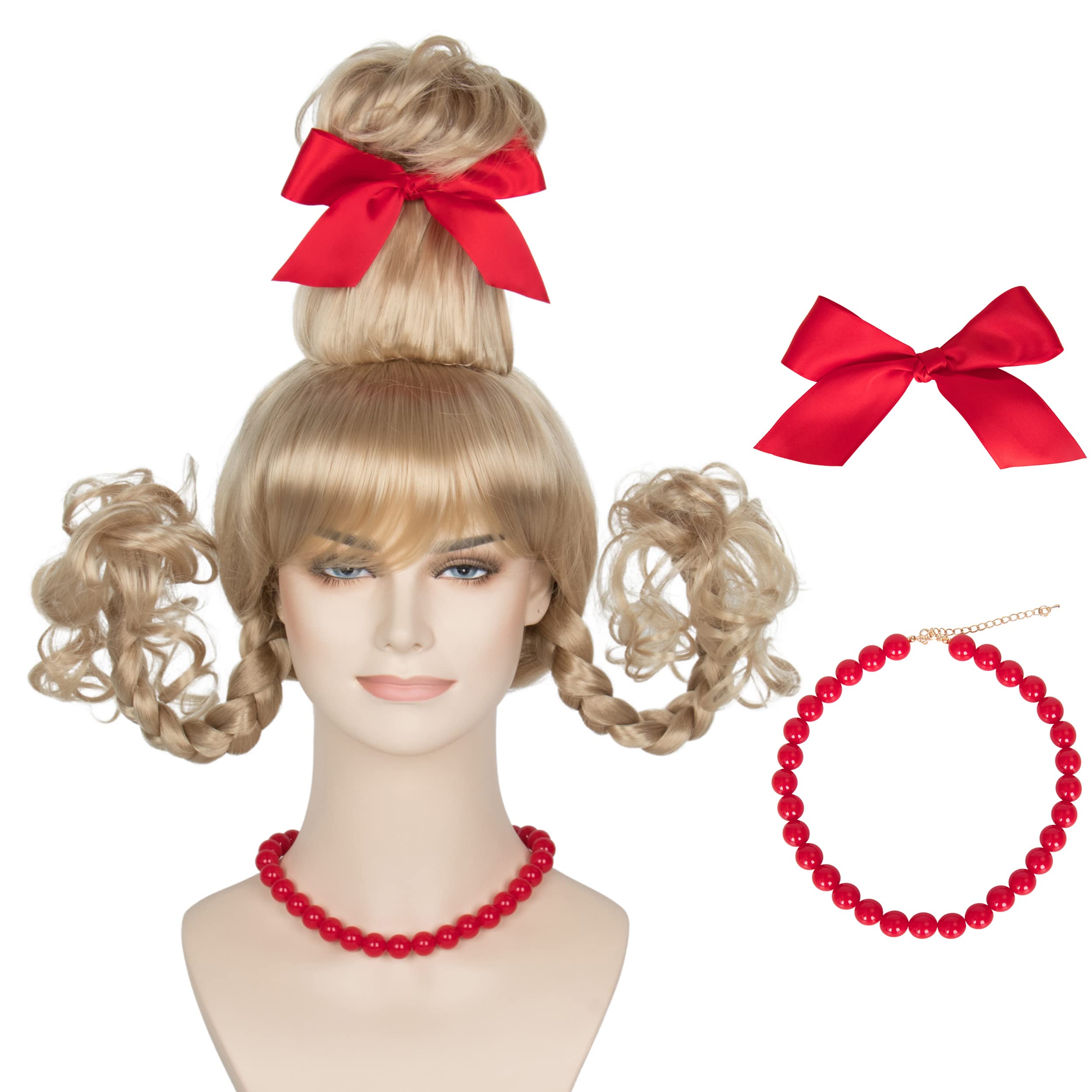 Koonfan Christmas Blonde Wig with Red Bow and Necklace Girls Women Long Braids Christmas Costume Wig Accessory
