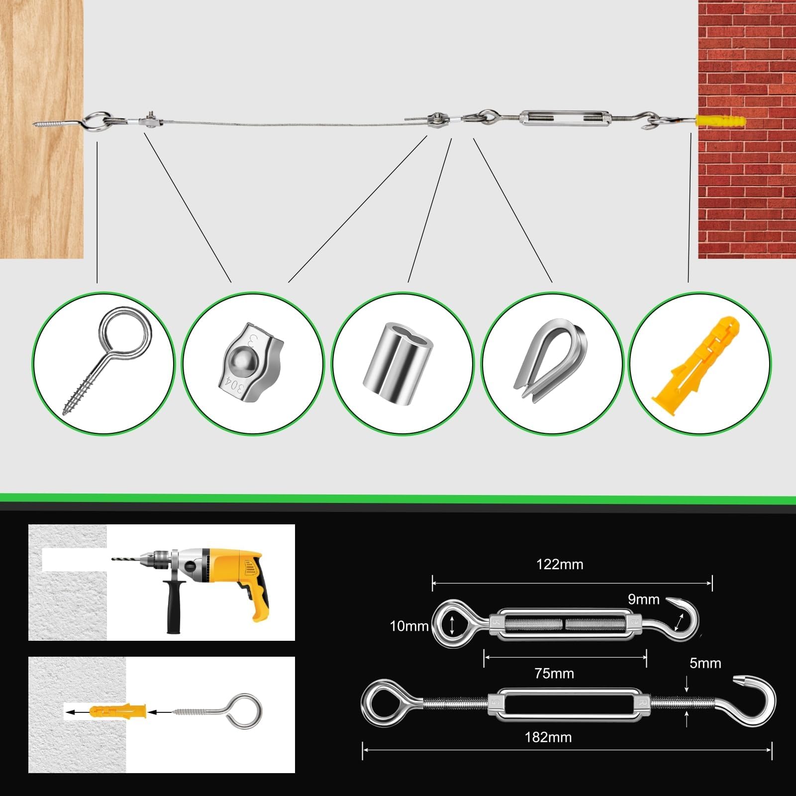 Besdiyart 70 Stück Stahlseil Set, 30M 3mm Drahtseil PVC beschichtetes 304 Edelstahlseil mit Drahtseilschneider, Drahtseilspanner Set mit Ösen Seilspanner zum Aufhängen