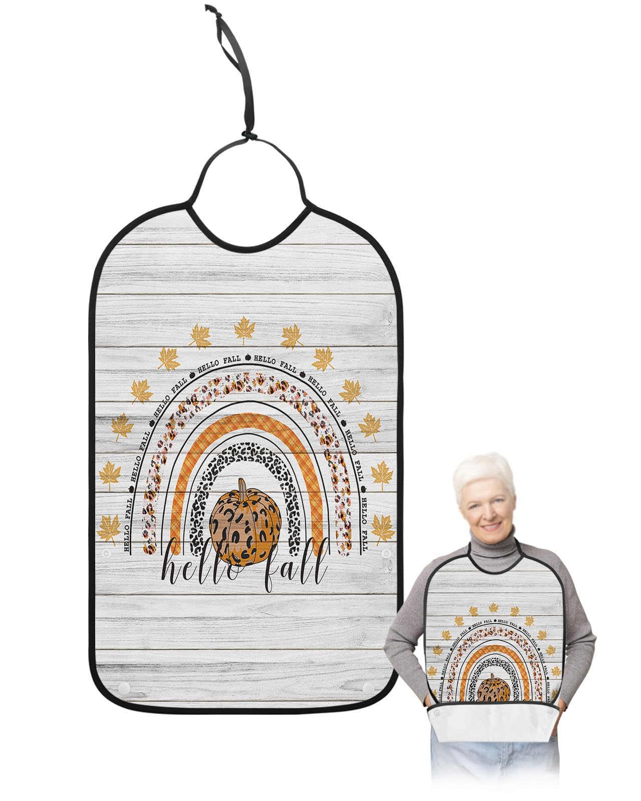 Hellp Fall Adult Bibs for Eating, Waterproof Bibs with Food Catcher & Adjustable Snap Closure, Thanksgiving Day Pumpkin Maple Leaf Vintage Wooden Clothing Protectors Adult Bibs for Elderly Women/Men