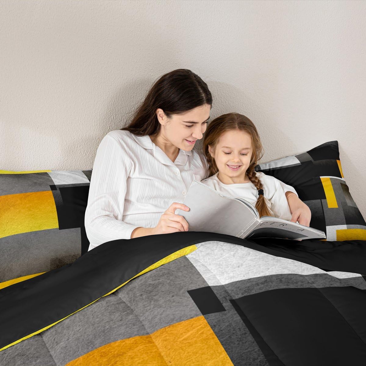 Feelyou Yellow Grey Black Buffalo Check Comforter Set Full Size Kids Geometric Comforter for Boys Teens Geometric Bedding Set Plaid Modern Abstract Art Duvet Set Room Decor Quilt Boys