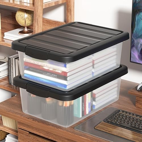 Miniatura 6 de Cubo de almacenamiento apilable de plástico de 14 cuartos de galón, caja de almacenamiento básica transparente con tapa negra (paquete de 2)
