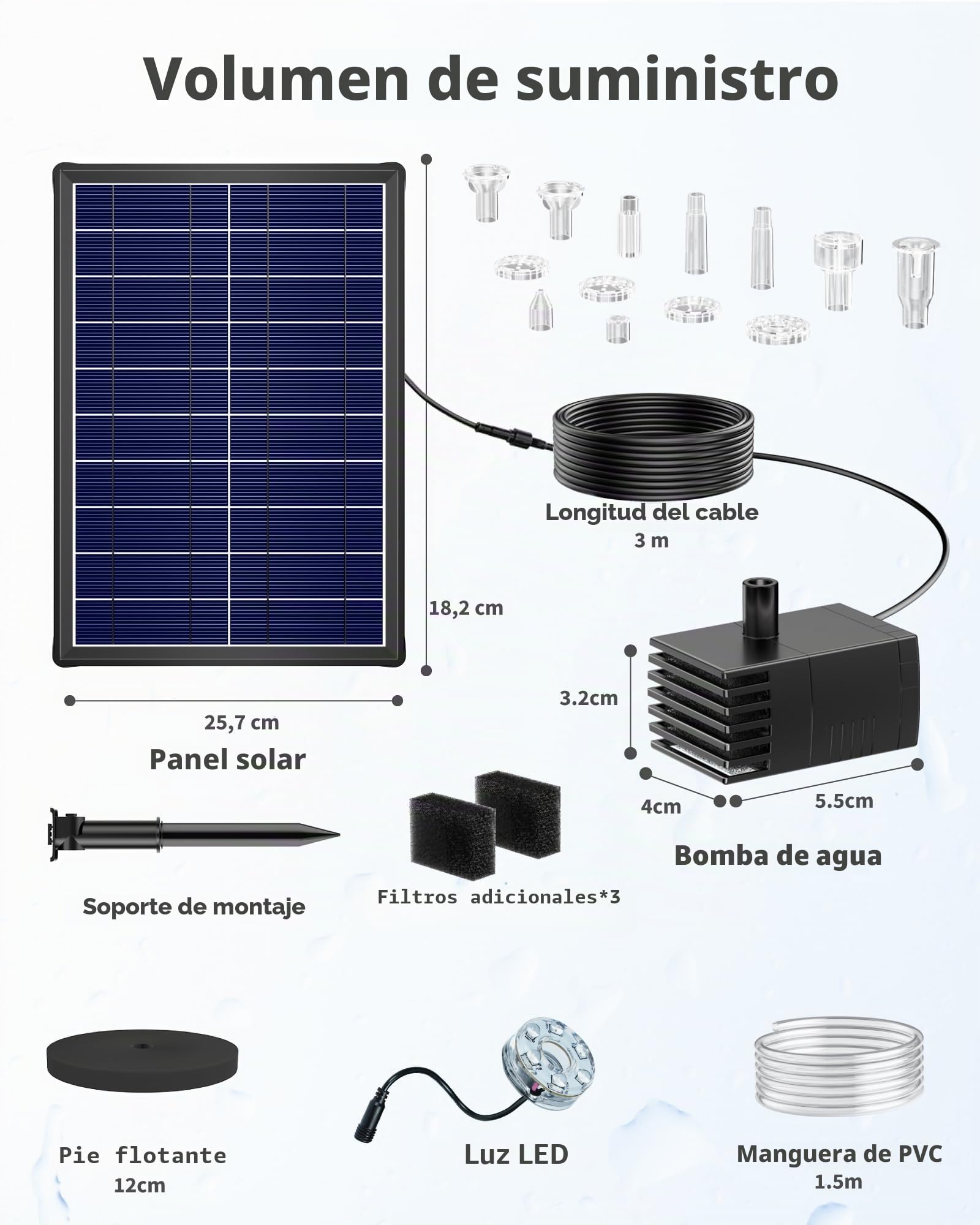 POPOSOAP Fuente solar de 8 W para exteriores con batería de respaldo, iluminación LED, 8 boquillas y manguera de PVC de 1,2 m para bebedero de pájaros, estanque de jardín y función de agua de jardín
