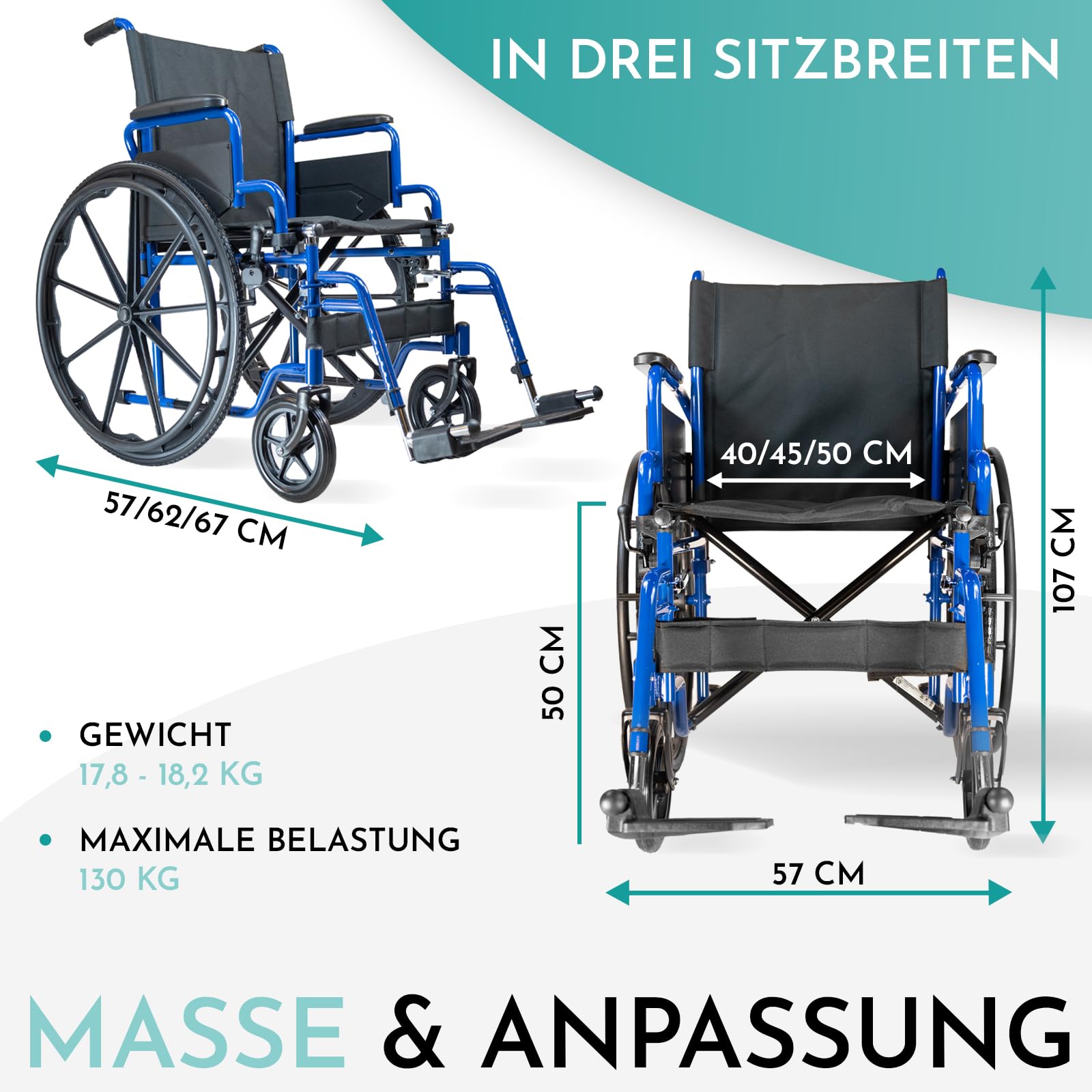 Rollstuhl RIO - Transportrollstuhl faltbar 40 cm Sitzbreite | Leichter Greifreifen-Rollstuhl mit Schiebegriffen - klappbare Fußstützen & Armlehnen, ideal als Reiserollstuhl, bis 130 kg