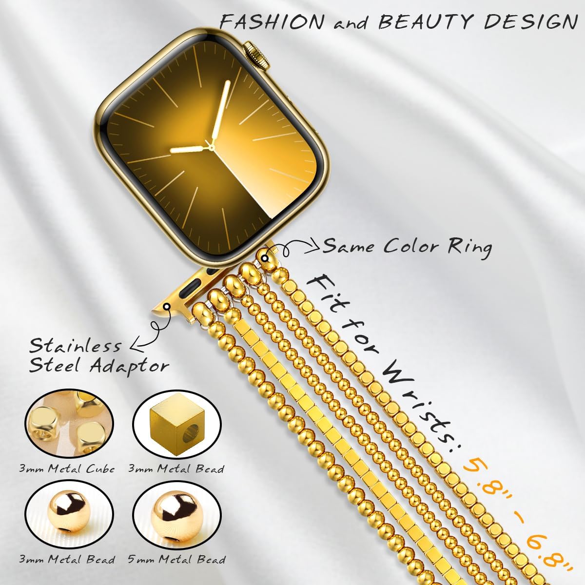 fastgo Gold Beaded Bracelet Band Compatible with Apple Watch Band 41mm/40mm/38mm/44mm/45mm/42mm/49mm Women, Dressy Elastic Stretchy Beaded Strap for Iwatch Series 9 Ultra 8 7 6 5 4 3 2 1 SE(Gold) - Image 3