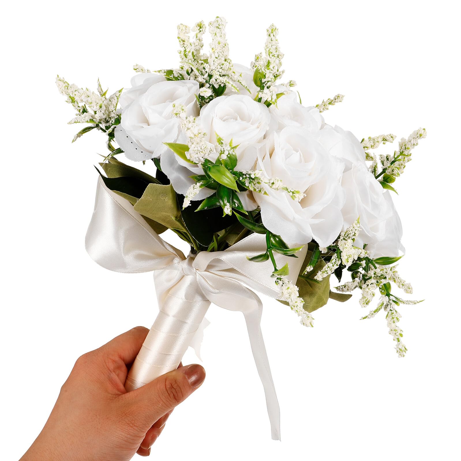 Bouquet da Sposa in Seta e Plastica Bianco Elegante e Nobile per Decorazione Festa e Party di Compleanno Fiori Artificiali Effetto Reale
