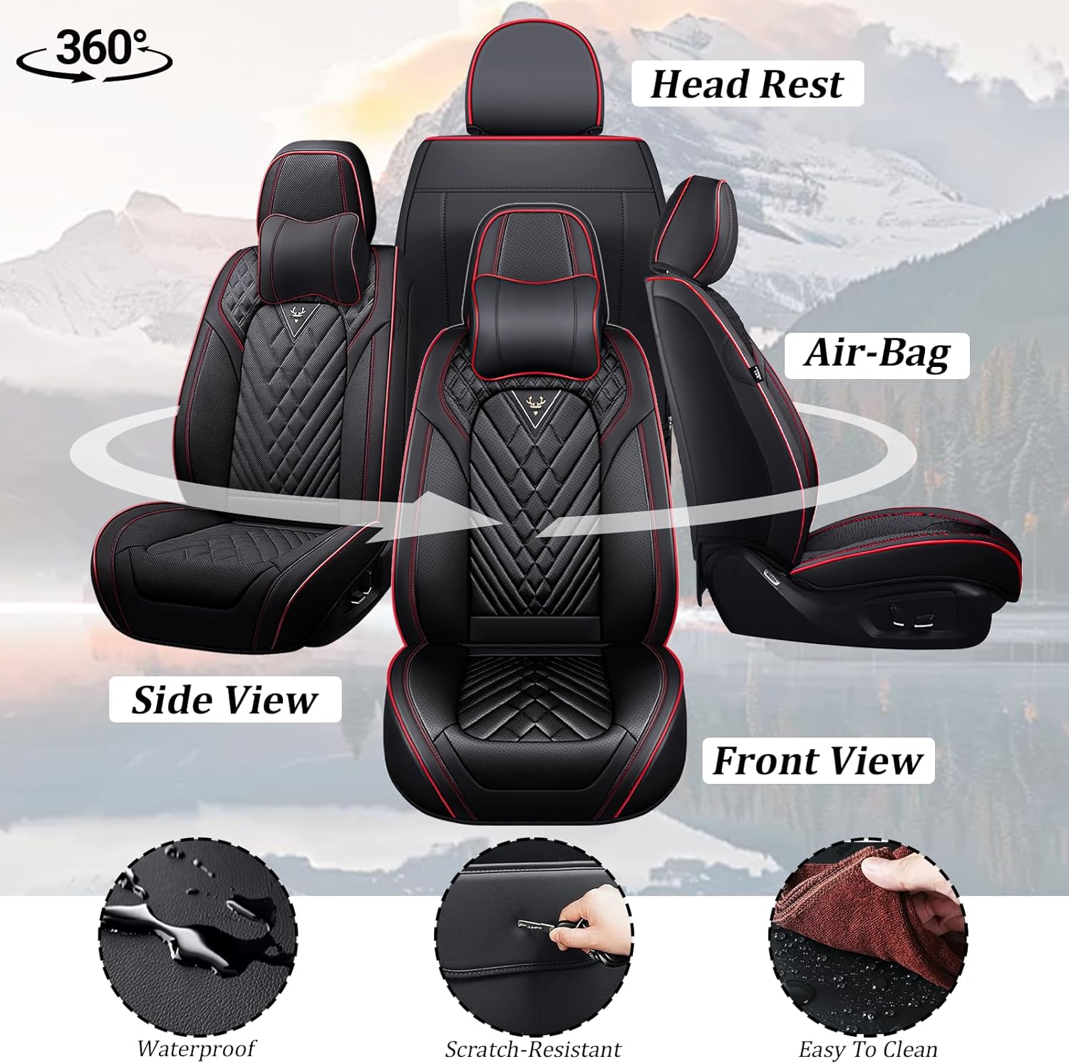 Car Seat Covers Front Seats for Ford Explorer 2000-2026, Waterproof Nappa Leather Car Seat Cover, Full Coverage Car Seat Covers Sets(2 Seats with Headrests/Black Red)