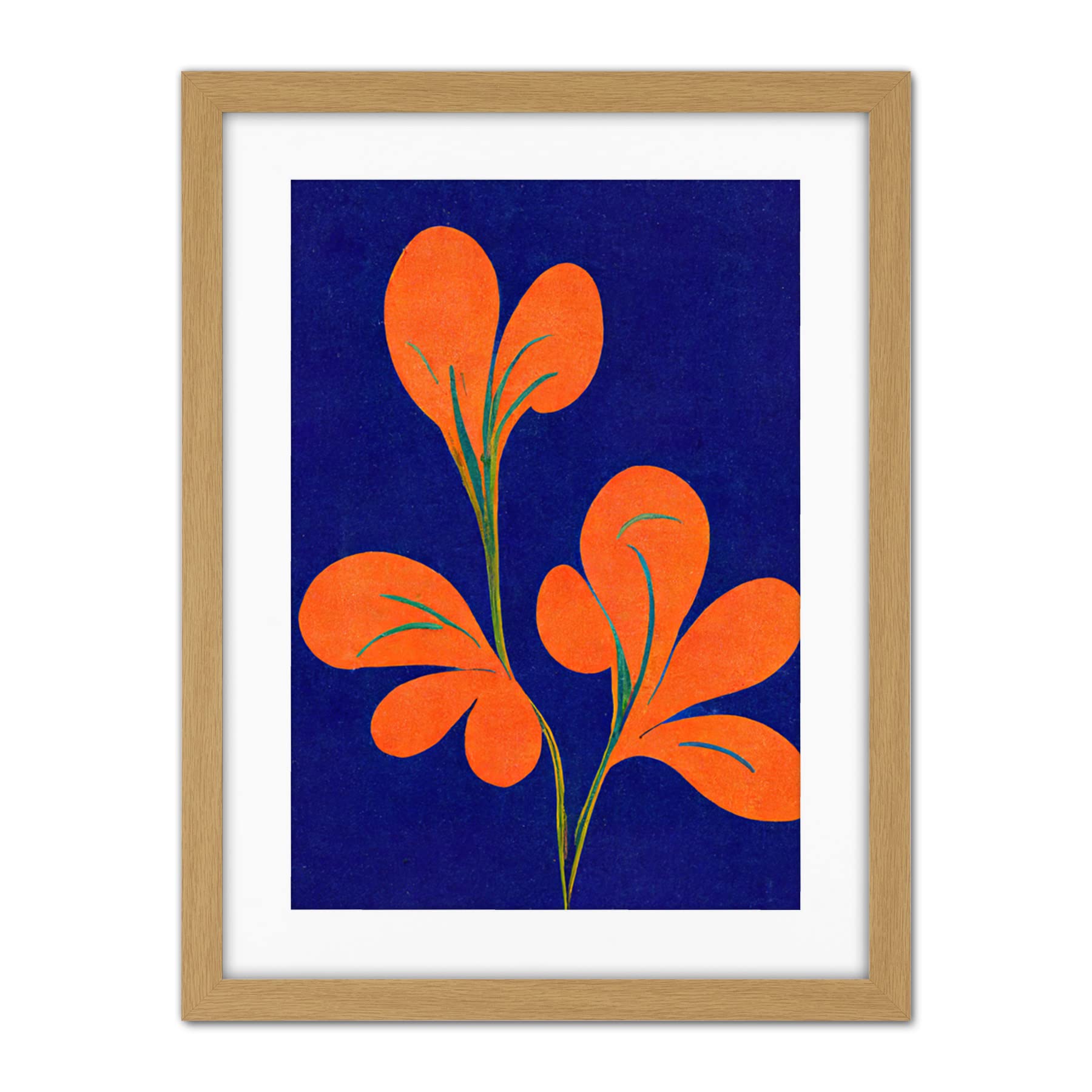 Doppelganger33 LTD Henri Matisse Inspired Bright Abstract Orange Flower Blooms On Royal Blue Artwork Framed Wall Art Print 18X24 Inch
