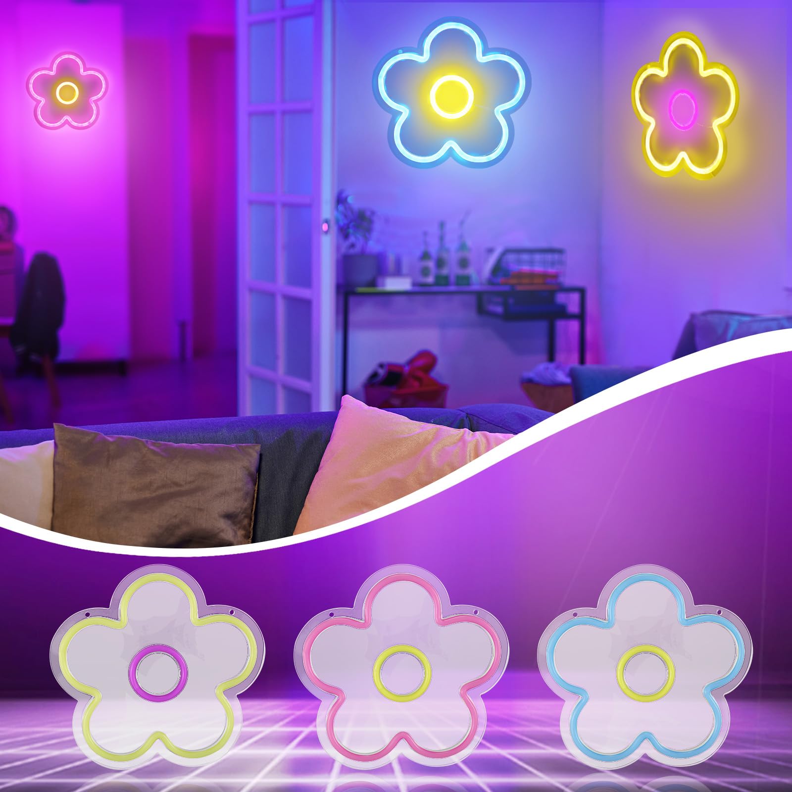 Baquler Neonowy znak świetlny LED, zasilany przez USB, retro, w kształcie kwiatu, na ścianę, do sypialni, domu, sklepu, akademika, na ślub, urodziny, przyjęcie, dekoracja dla dziewcząt, 25 x 25 cm