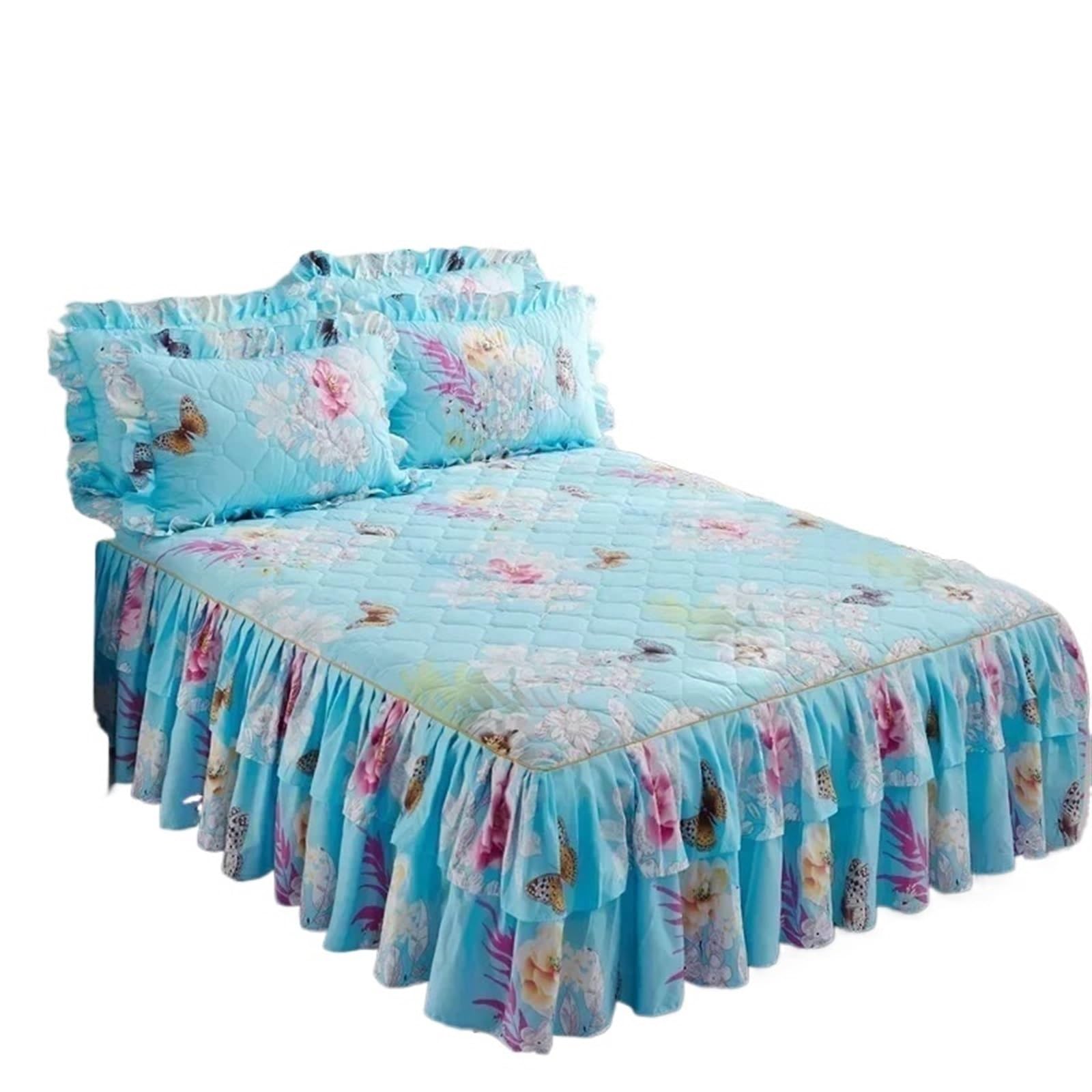 3 stuks bedrok, eenpersoons katoenen bedrokhoes, eenpersoons en tweepersoonsbed, ruches, 1 stuk laken en 2 stuks kussenslopen, bedrok, elastische ruche bedrok (roze 1, 3 stuks, 150 x 200 cm