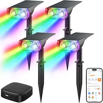 Linkind Smart Solar Lights Outdoor SL5 with Motion Sensor, APP Control Color Changing Spot Lights Outdoor, Halloween Decorations, IP65 Landscape Lighting for Yard, Garden (4 Pack with hub)