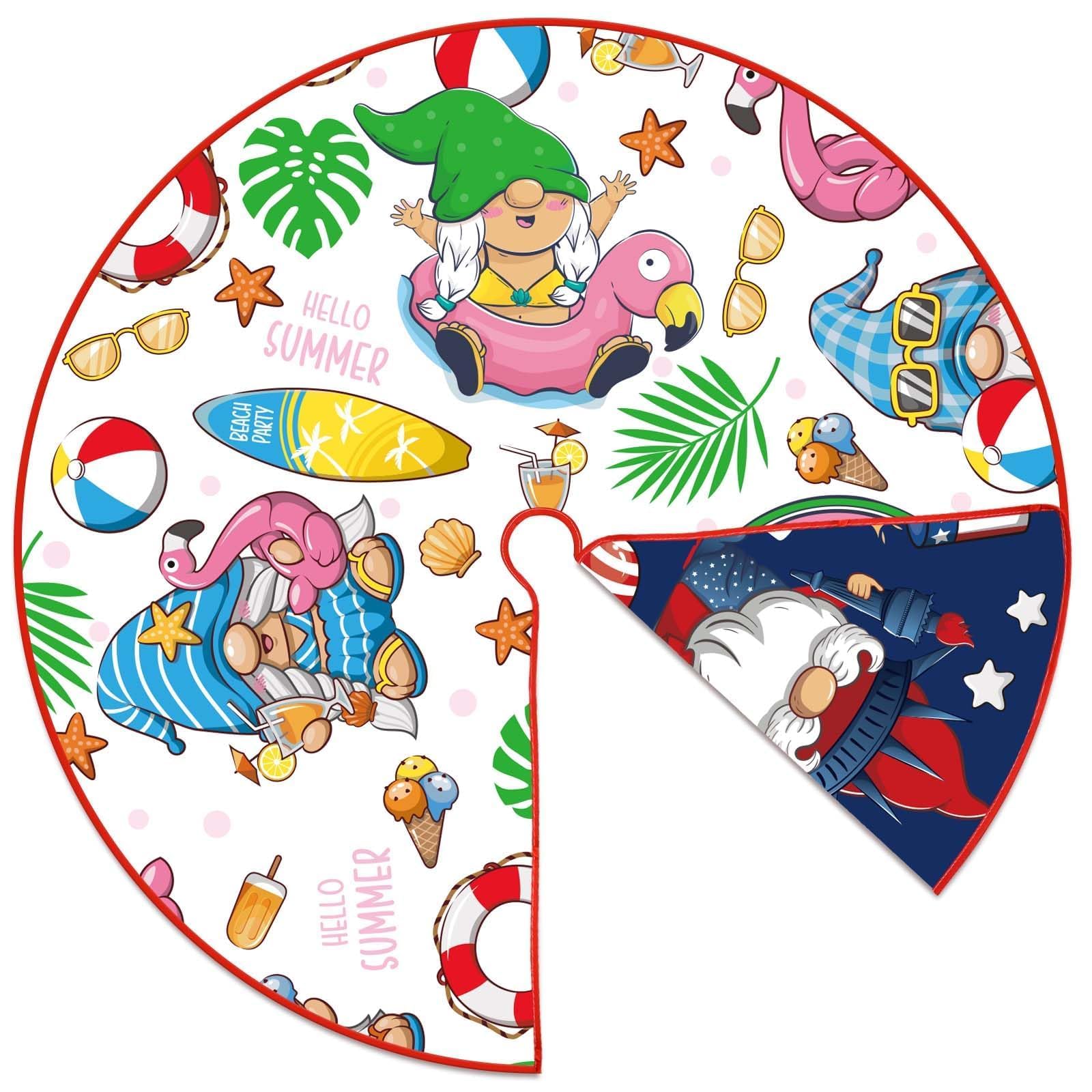 36 Inch Reversible Summer Tree Skirt 4th of July Double-Sided Tree Skirt Independence Day Summer Christmas Gnome Print Tree Mat Patriotic Holiday