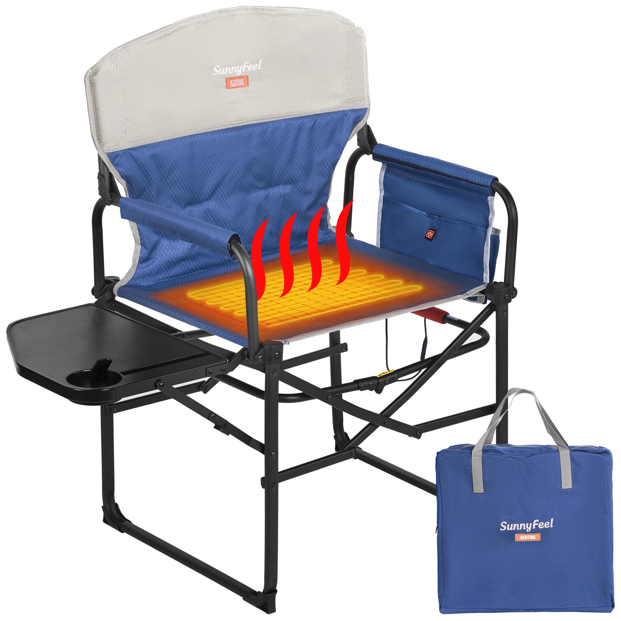 SUNNYFEELHeated Camping Directors Chair, Heavy Duty,Oversized Outdoor Portable Heating Folding Chair with Side Table, Pocket for Beach, Fishing,Trip,Picnic,Lawn,Concert Foldable Camp Chairs