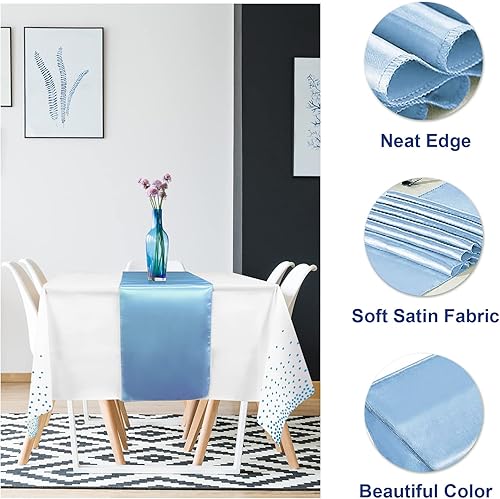 Miniatura 3 de Juego de 12 manteles de plástico desechables y camino de mesa de satén, color blanco y azul claro, mantel de satén azul claro para boda, cumpleaños,
