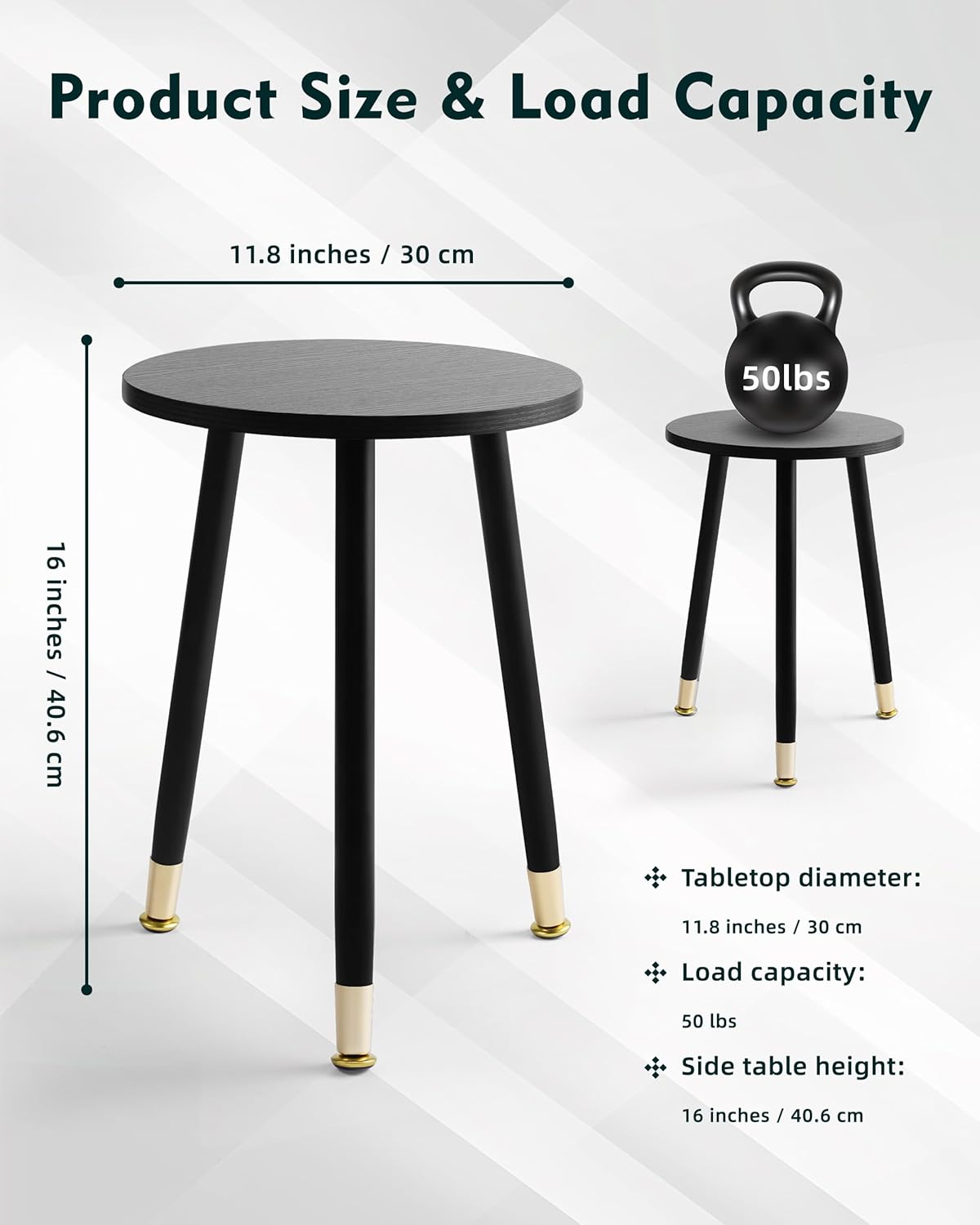 16 Inch Round Wood Black End Table, Small Stable Side Table for Nightstand Living Room Bedroom Sofa Couch Corner, Heavy Duty Indoor Accent Wooden Plant Stand Stool with 3 Metal Legs and Gold Foot Mat