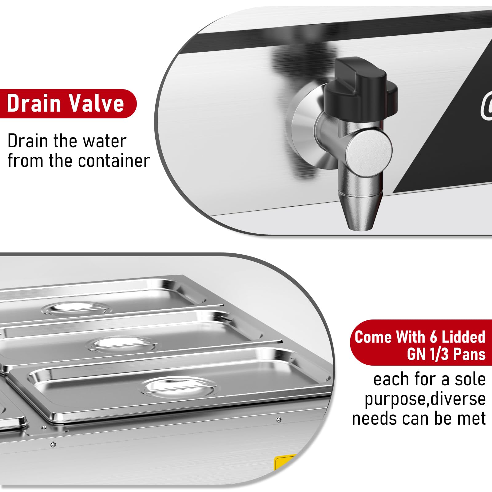 CROSSON Scaldavivande Elettrico bagnomaria Professionale con 6 Vaschette GN 1/3 in Acciaio Inox, Rubinetto di Scarico, Temperatura Regolabile, 1700W/230V, per Buffet, Ristoranti e Catering