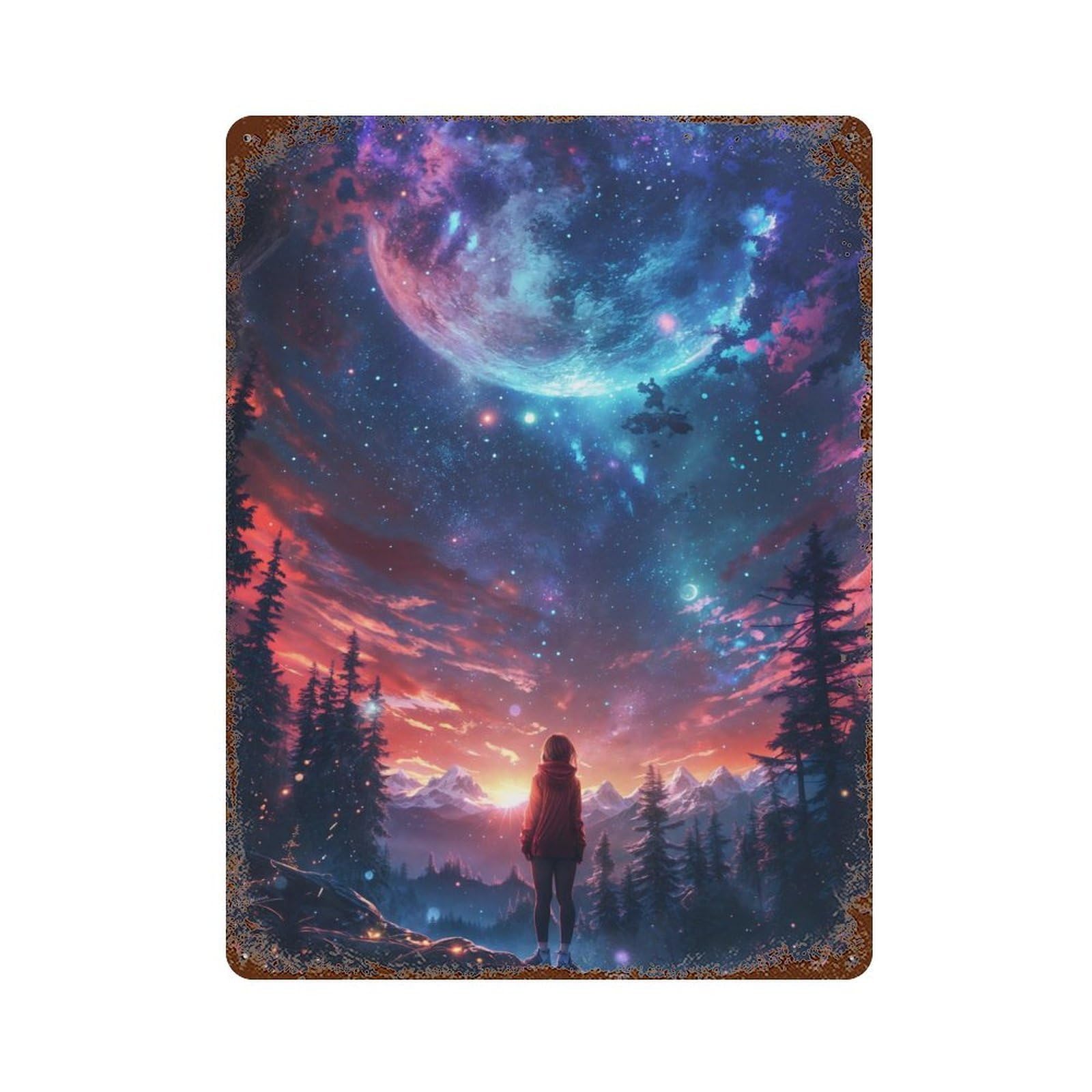 Rust Effect Starry Nights Embrace Rusty Metal Tin Sign 15.7"x11.8", Rustic Home Decor for Living Room, Hallway And Home Decor