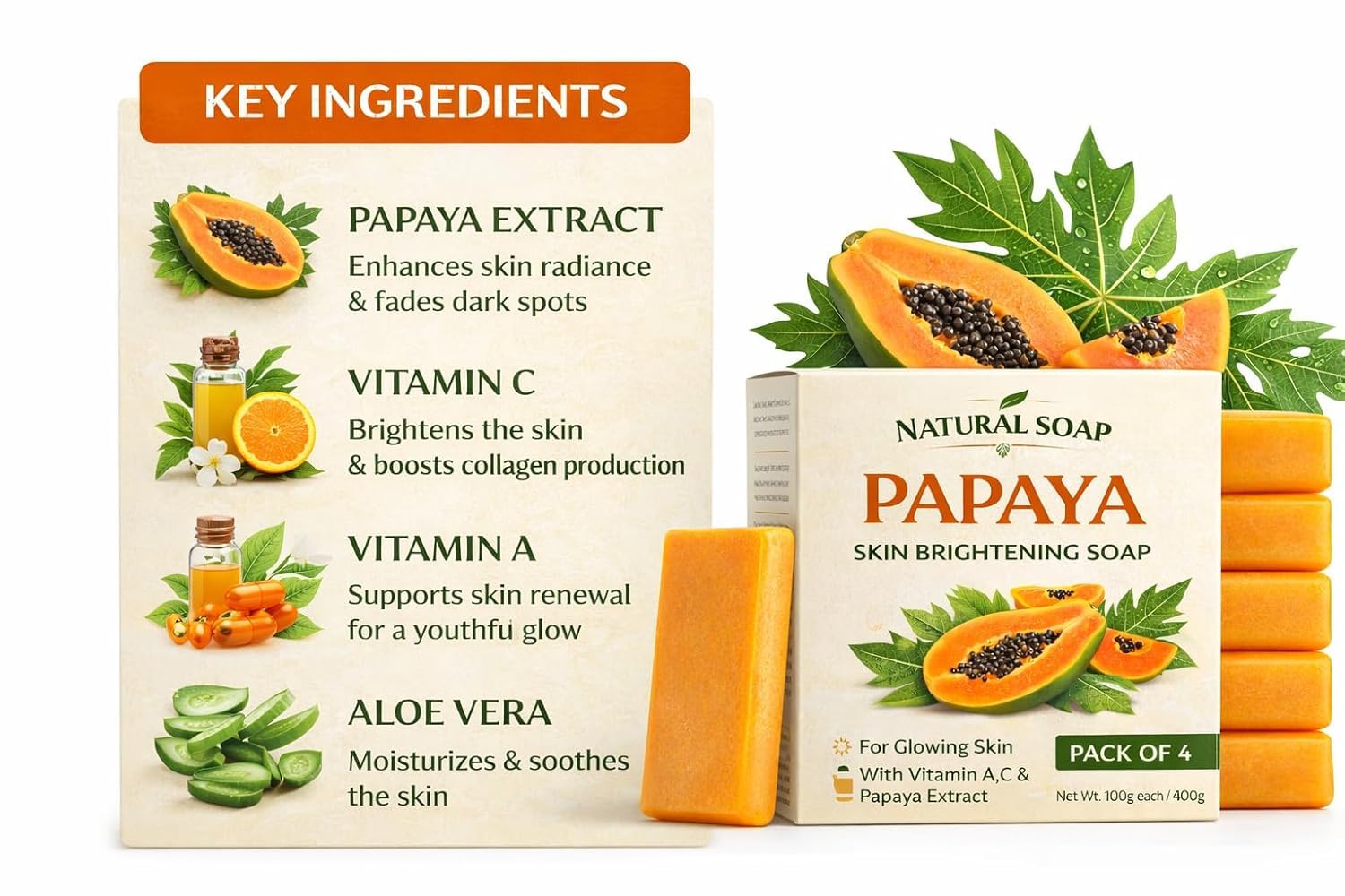 papaya skin brightening soap with vitamin a & c | natural glow & tan removal bath soap | deep cleansing & moisturizing formula | suitable for all skin types | pack of 4 (100g each)