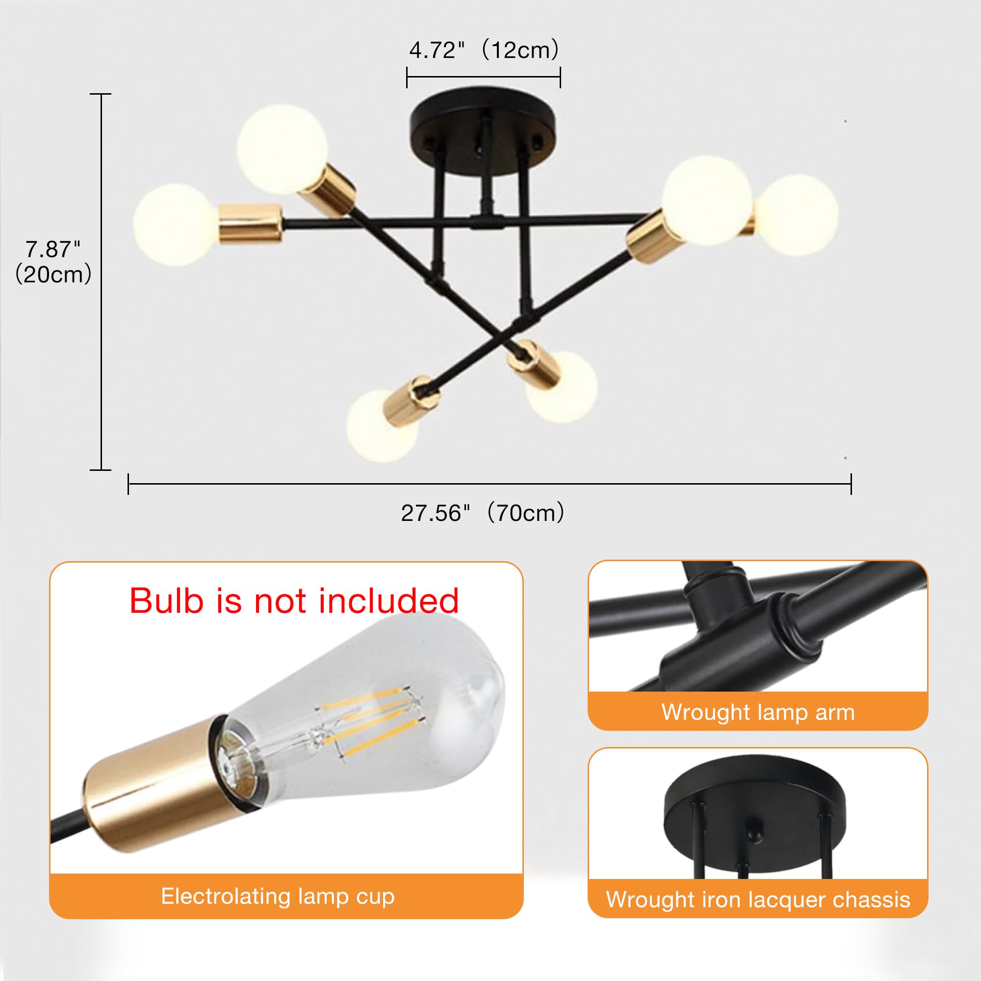 YHTlaeh Lampadario Soffitto Industrial Forma DIY Plafoniera E27 Moderno Lampada da Soffitto in Ferro Vintage per Camera da letto Soggiorno Cucina Corridoio (6T, Nero+Oro)