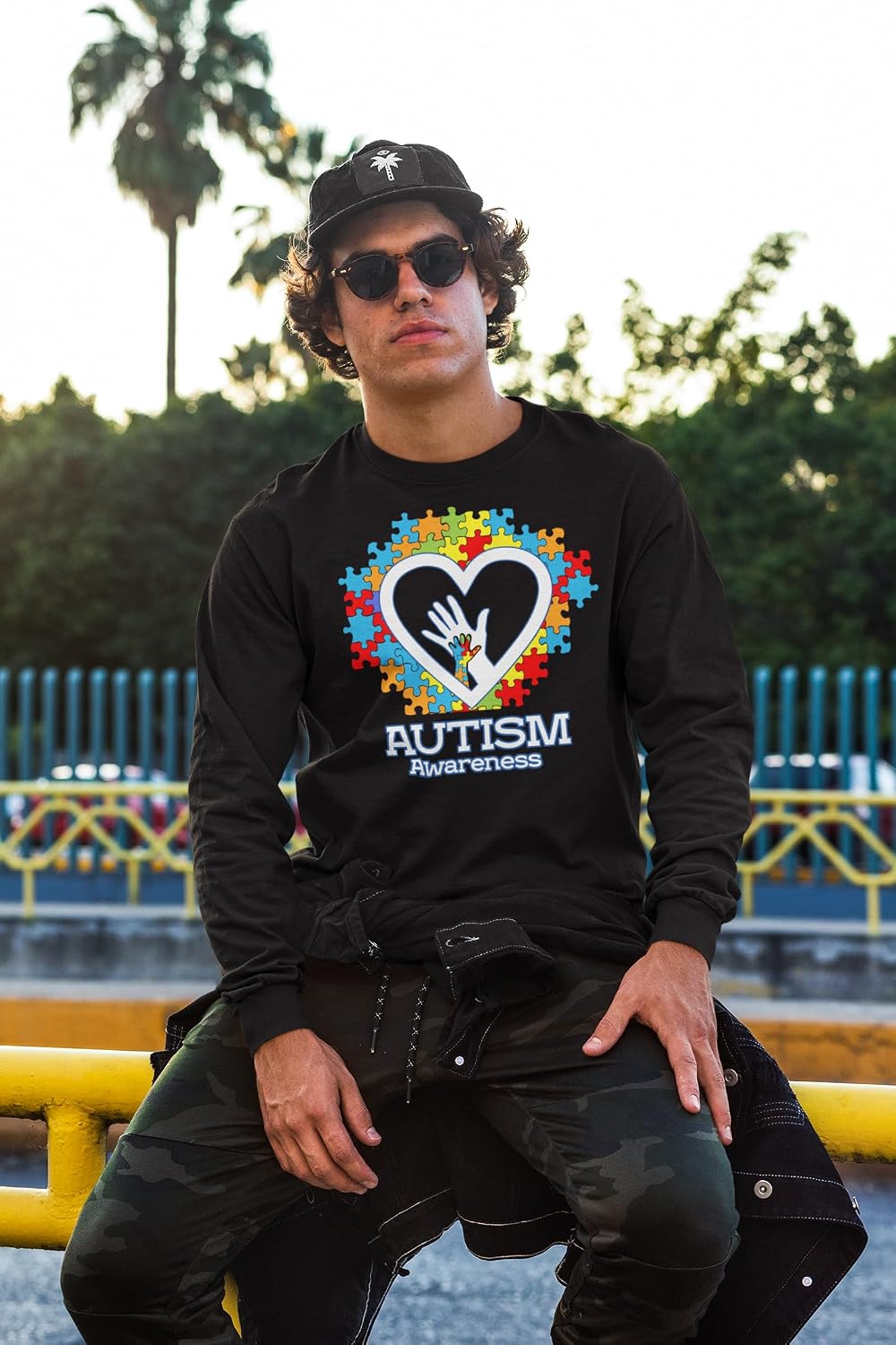 Autism Awareness Hands in Heart Men’s Long Sleeve Shirt – Support Neurodiversity, Autism Acceptance Gift for Men