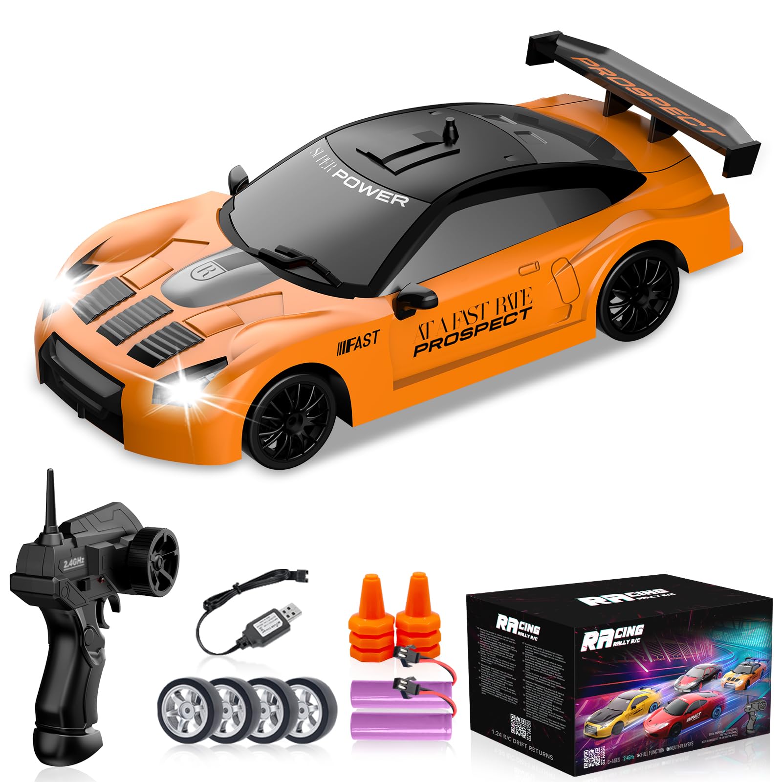 RC Drift Car 1/24 2.4GHz Remote Control Car 4WD High Speed Drifting RC Cars with LED Light, Two Batteries and Drift Tires Racing Toy Cars for Boys Girls Kids Adults (Orange)