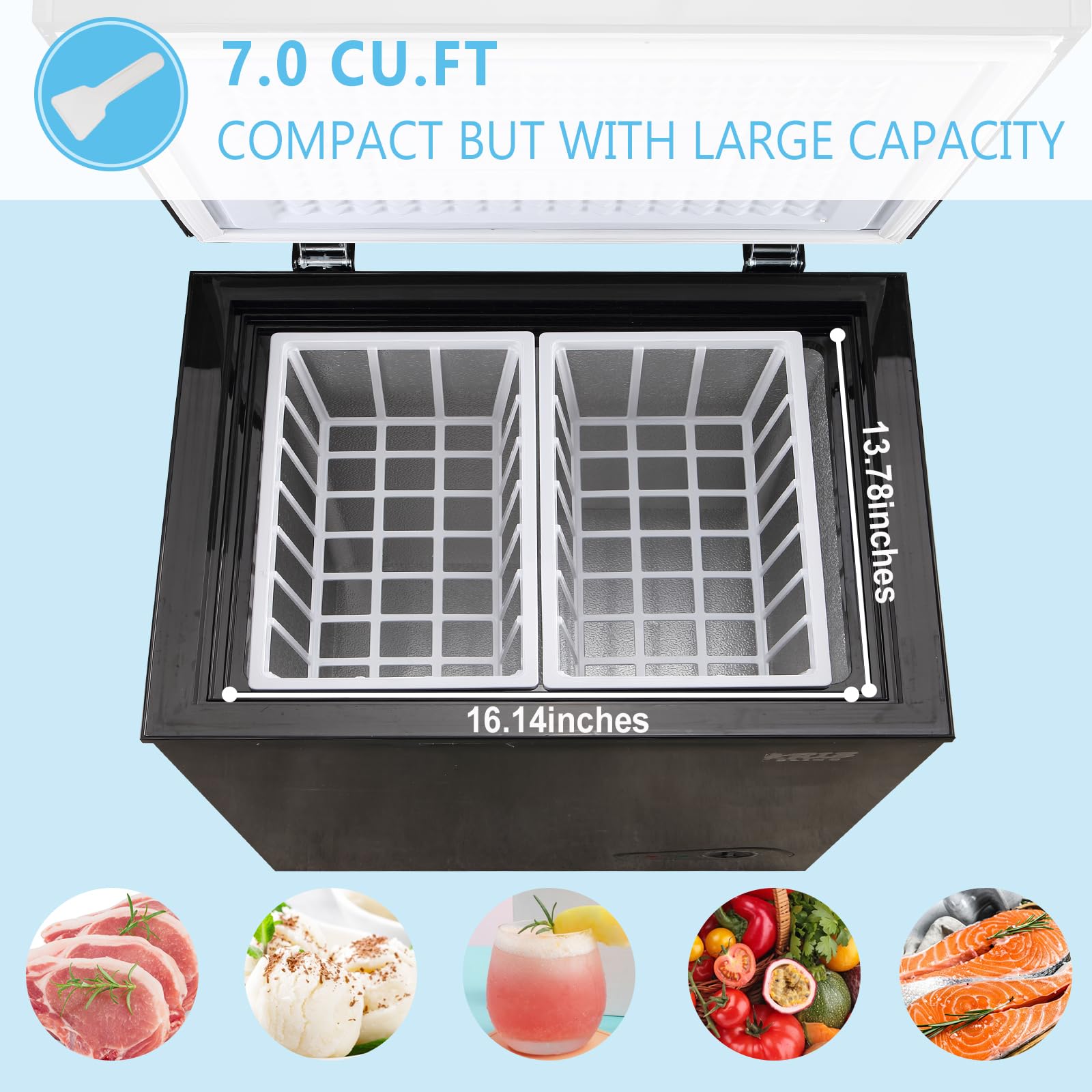 Chest Freezer With Freezer Basket, 7.0 Cu. Ft Mini Freezer 7 Temperature Levels Thermostat, Top Door Open, Ideal For Home, Kitchen & Office, Black on Fridge.com - View 5