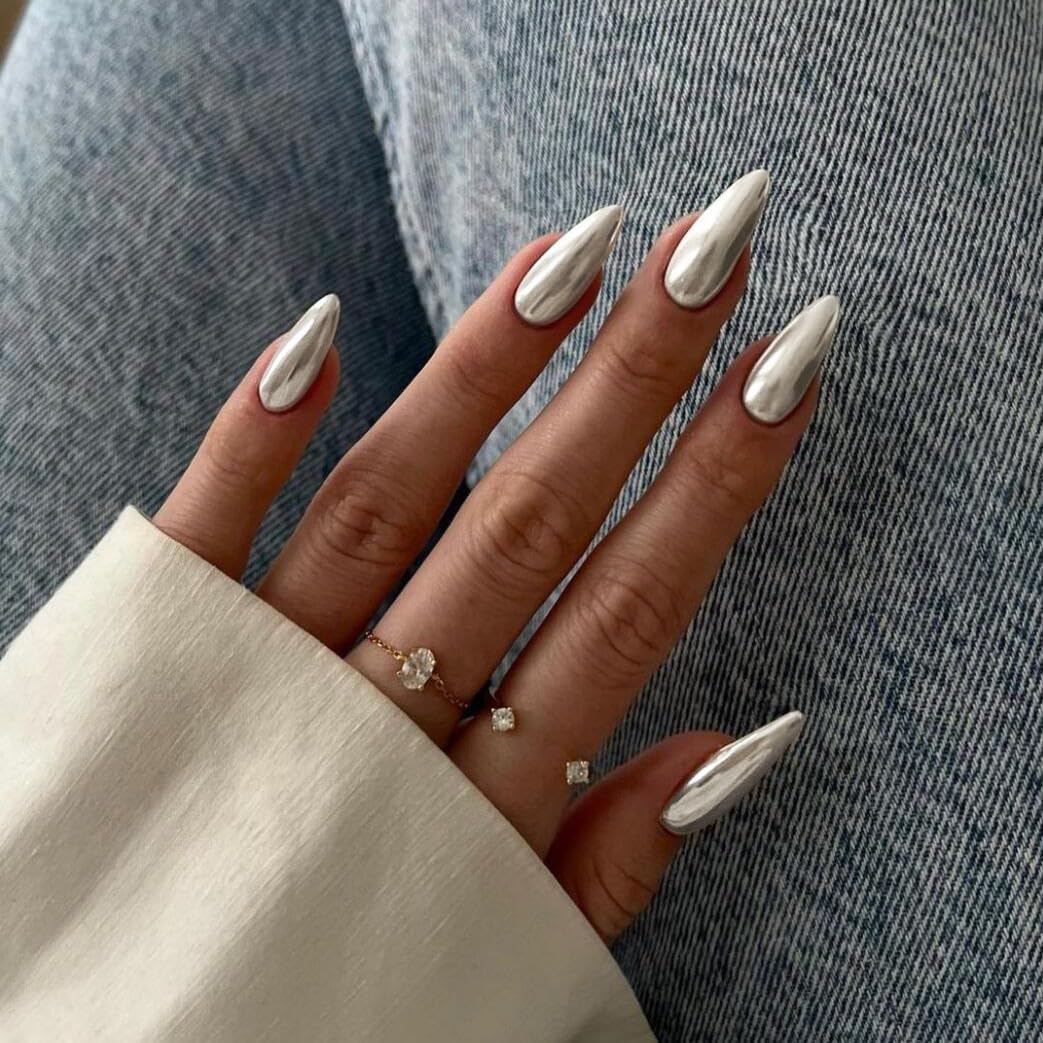 Metallic Sliver False Nails Almond, SXVME Chrome Press On Nails Medium, Glazed Shine Fake Nails with Mirror Effect