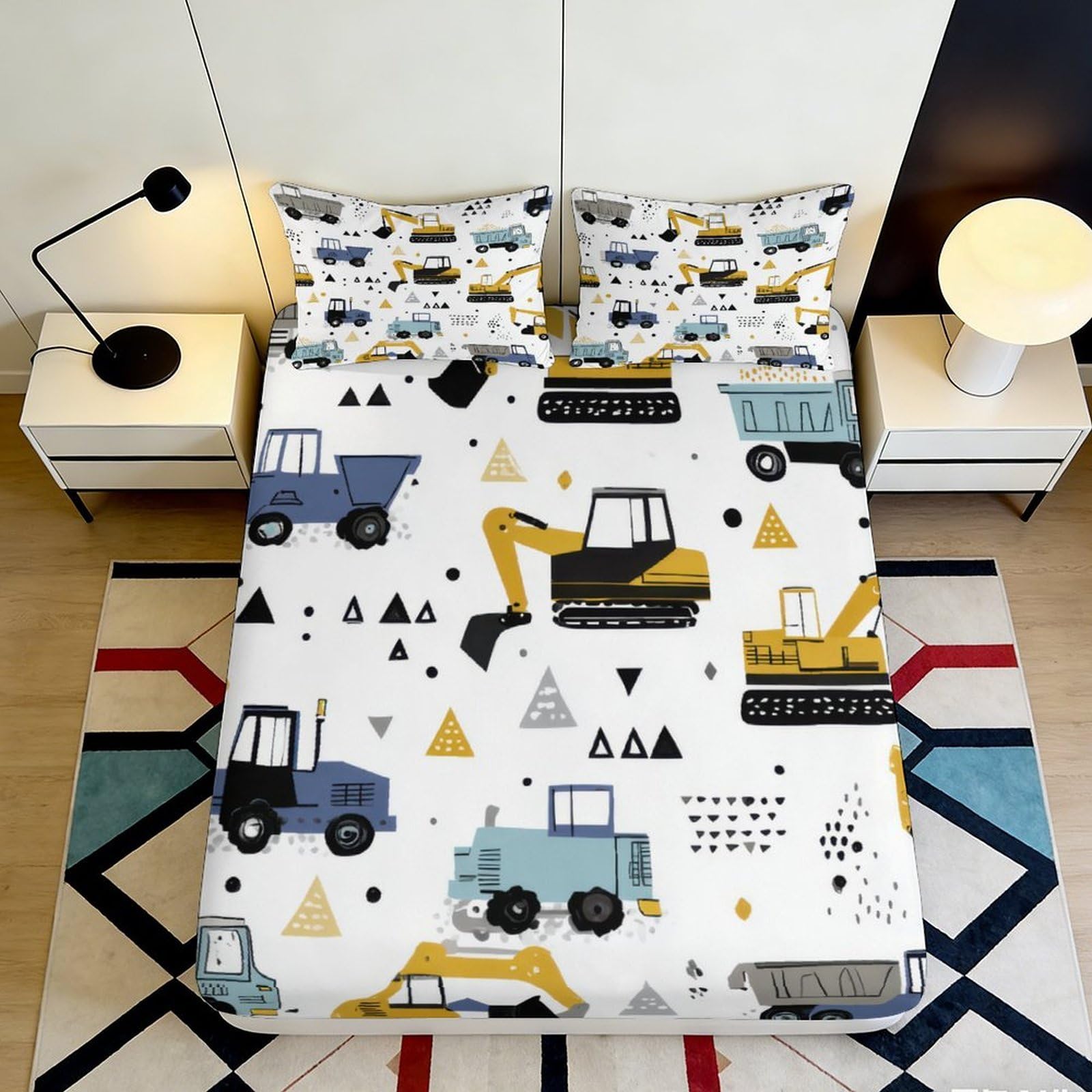 3D Printed Construction Vehicles Fitted Sheet Microfiber Soft Breathable Excavator Bed Cover for Bedroom Dorm Decor 90x200x25cm