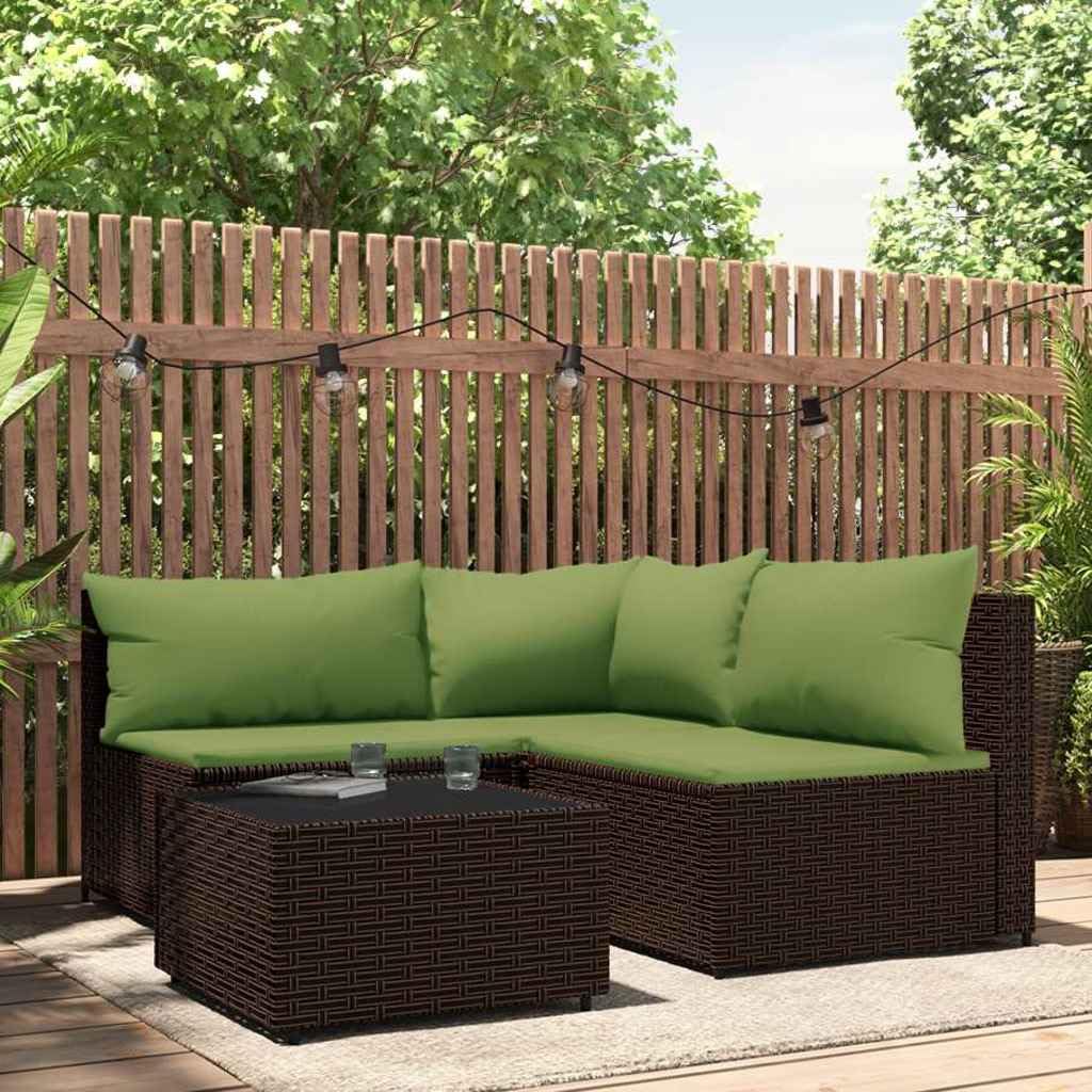 4-Piece Patio Lounge Set Brown and Green Modular Outdoor Furniture with Weather-Resistant Poly Rattan and Steel Frame for Balcony Garden Seating