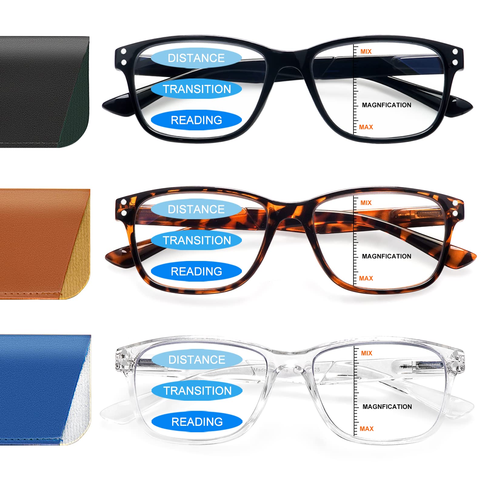 Ronecool3 Pack Progressive Multifocus Reading Glasses Blue Light Blocking for Women Men Multifocal Readers