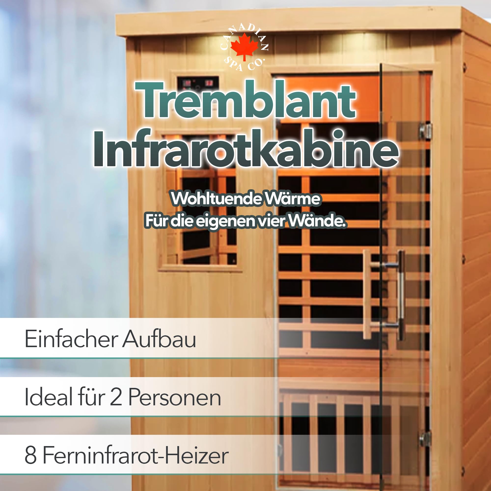 CANADIAN SPA CO. Tremblant Infrarot Sauna für 2 Personen, Sauna mit Glastür, Bluetooth-Audio und LED-Beleuchtung, Sauna aus Holz für Zuhause